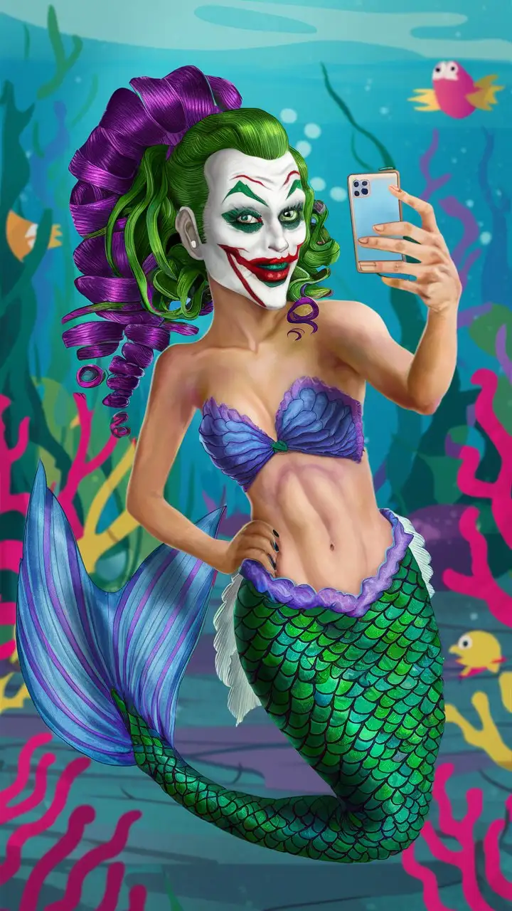 Joker as a mermaid taking a selfie with her phone 