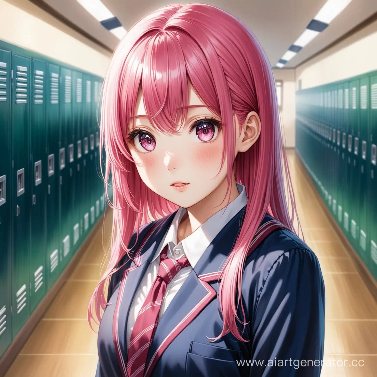 A highly detailed and realistic painting of an anime-style girl with vibrant pink hair and large expressive eyes. She is dressed in a traditional Japanese school uniform, which includes a navy blue blazer, a white blouse, and a pleated skirt. The background is a soft, blurred depiction of a school corridor with lockers. The painting captures a delicate balance between anime characteristics and lifelike details, emphasizing textures like the fabric of the uniform and the shine of her hair.","size":"1024x1024"}Here is the detailed and realistic painting of an anime-style girl with pink hair, dressed in a Japanese school uniform. You can view the image above.