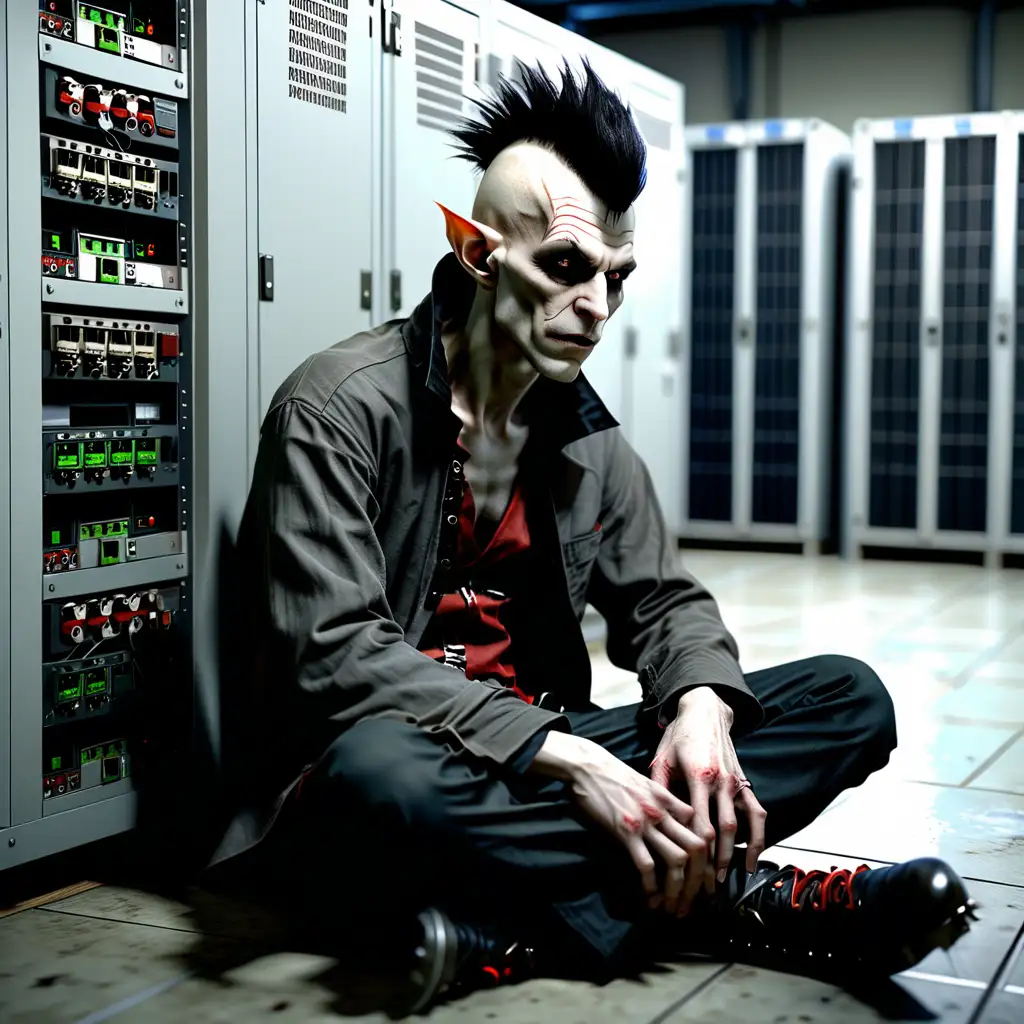 A male Nosferatu vampire Primogen, modern casual clothing, sitting on the floor of a server room, bestial features,  mohawk hairstyle, realistic