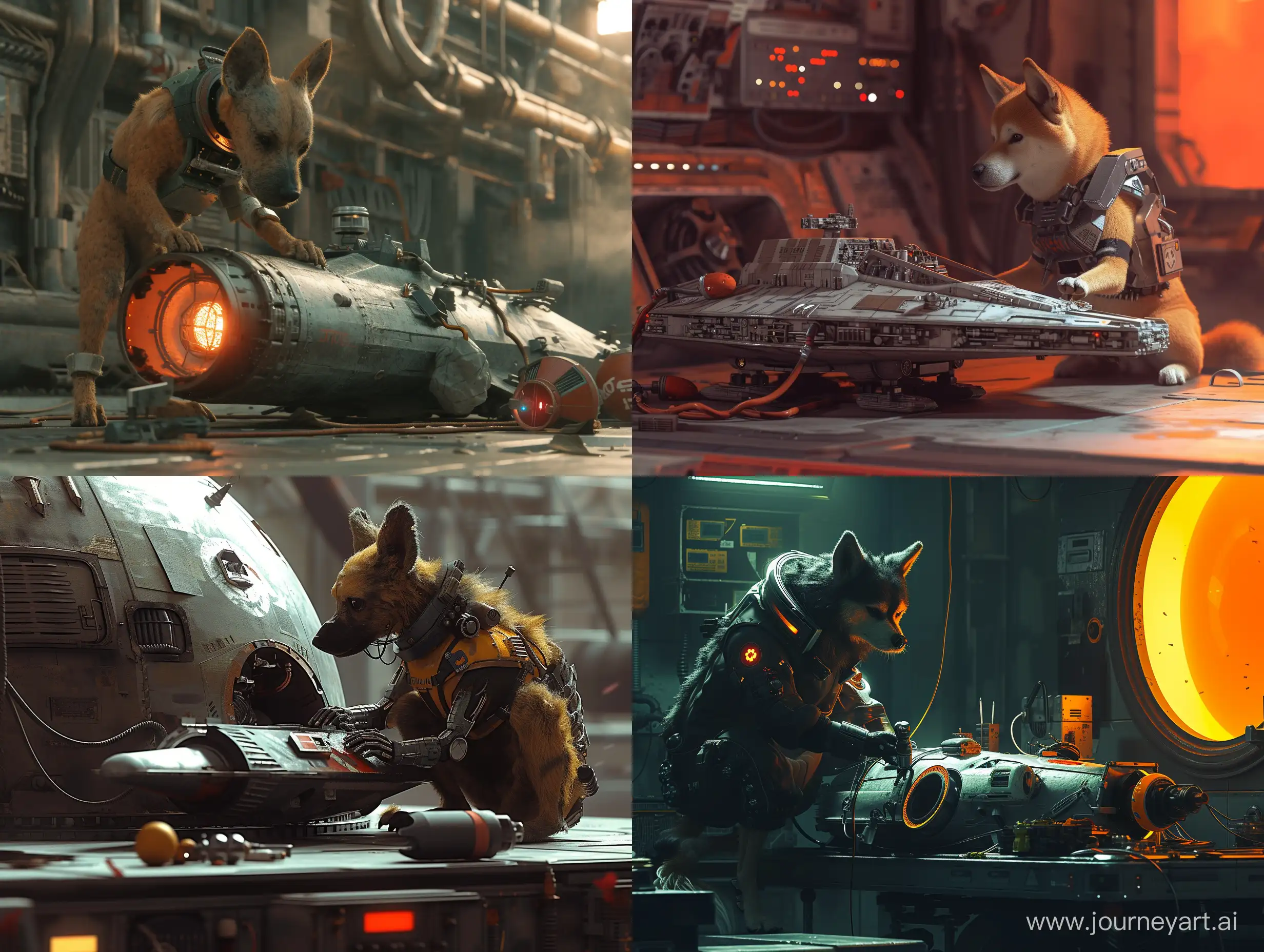 Cyberpunk-Humanoid-Dog-Repairs-Spaceship-on-Death-Star-Station