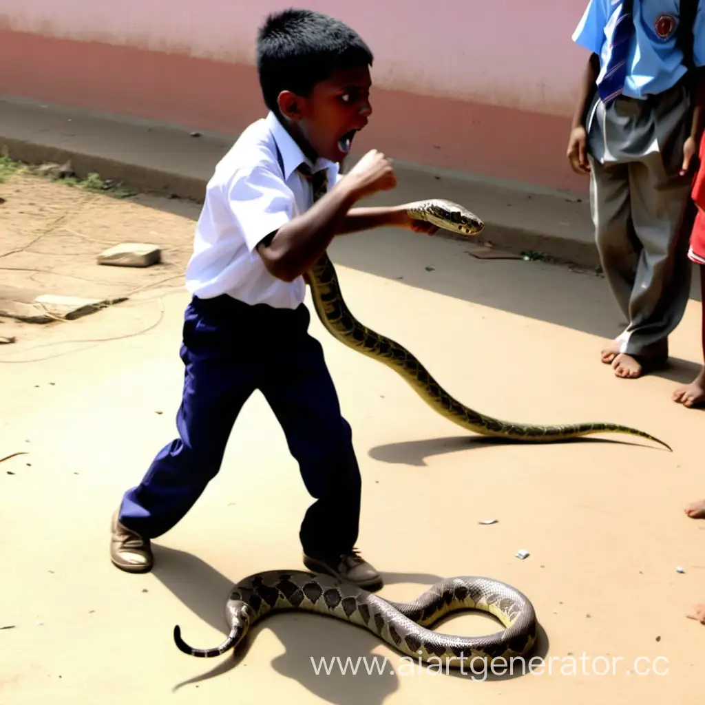 School kid fight with snake