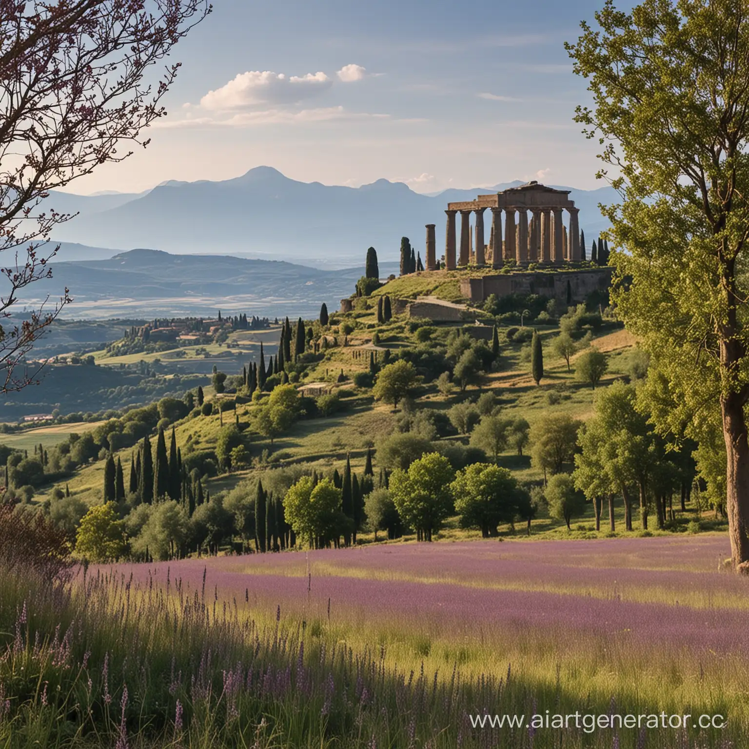 An obscure pagan temple in the Violet Land of the Winkies, Orvieto, distant huge mountains in the background, colossal, rural