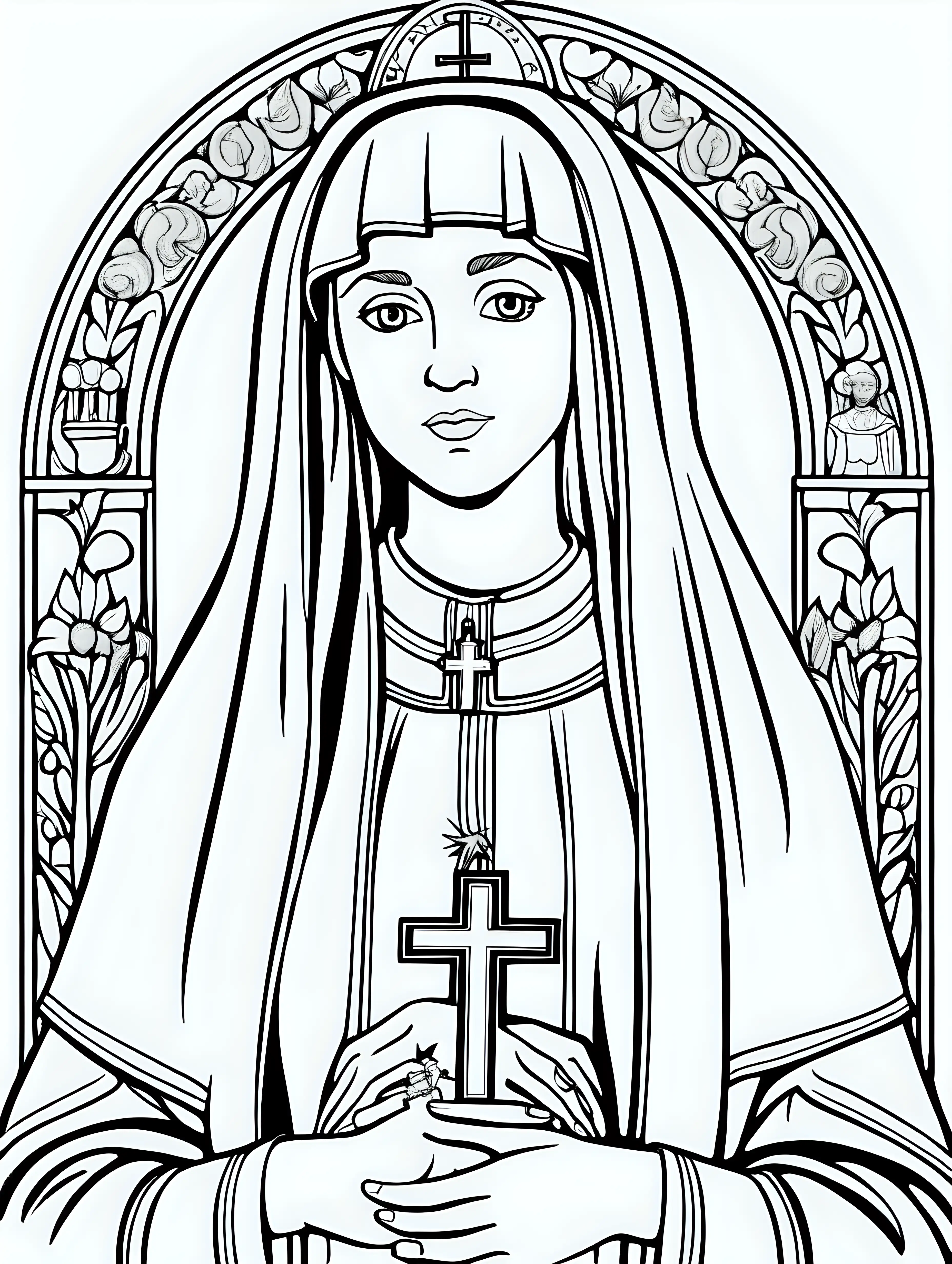 A women in the catholic religion, coloring page, cartoon style, thin lines, few details, no background, no shadows, no greys