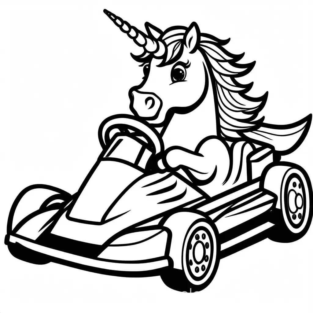 a unicorn driving a racecar, Coloring Page, black and white, line art, white background, Simplicity, Ample White Space. The background of the coloring page is plain white to make it easy for young children to color within the lines. The outlines of all the subjects are easy to distinguish, making it simple for kids to color without too much difficulty