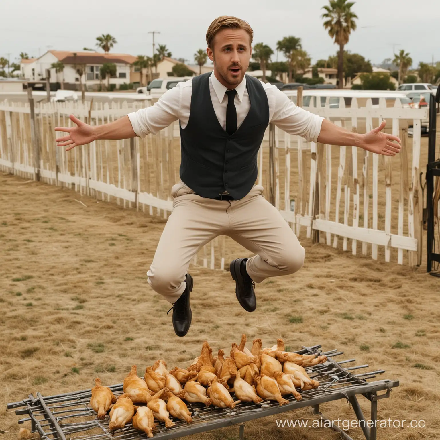 Ryan-Gosling-Jumping-Over-Fence-on-Wing-of-Chicken-in-Creamy-Sauce