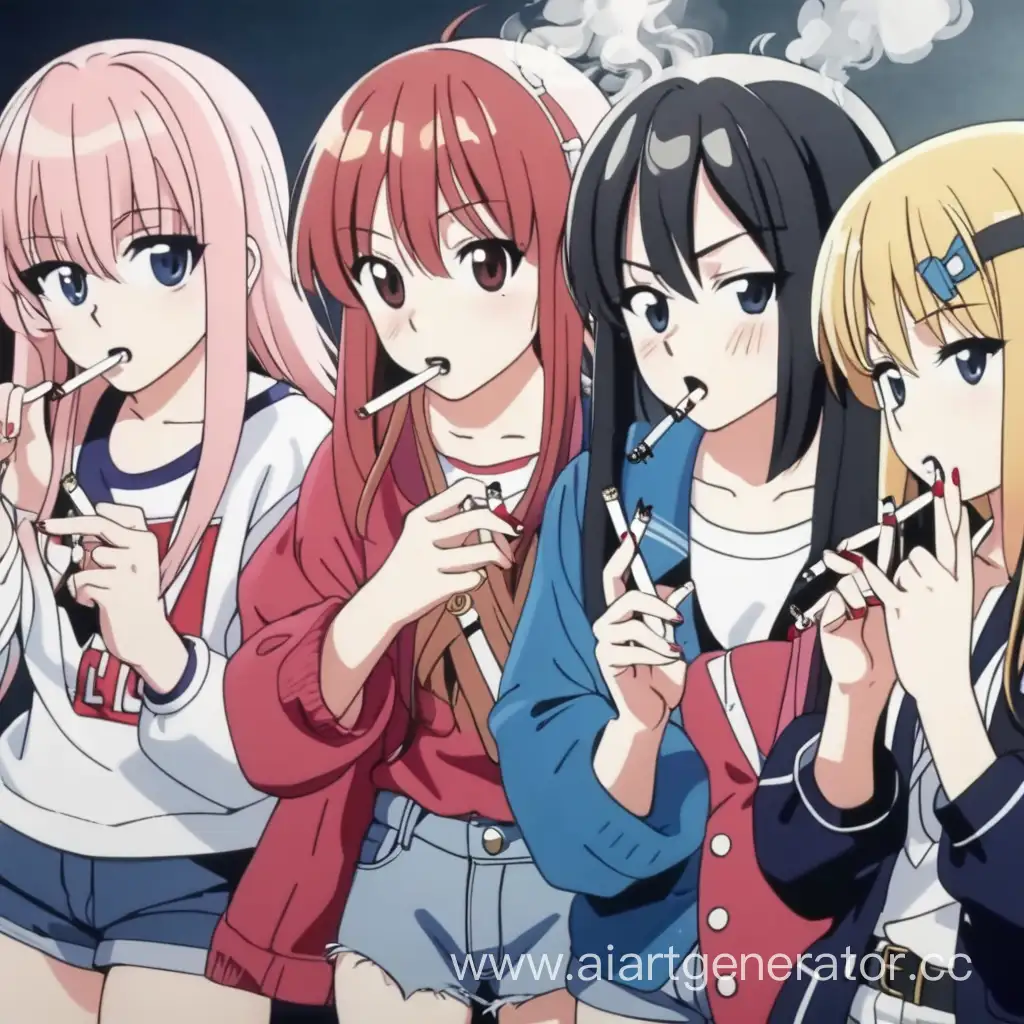 пять аниме девушек с сигаретами и ножами в руках