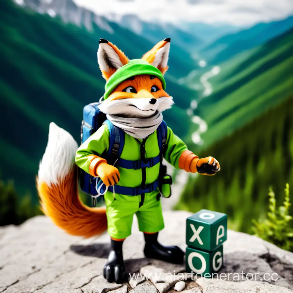 A green fox tourist on a route in the mountains with a navigator in his paw stands with one foot in cube