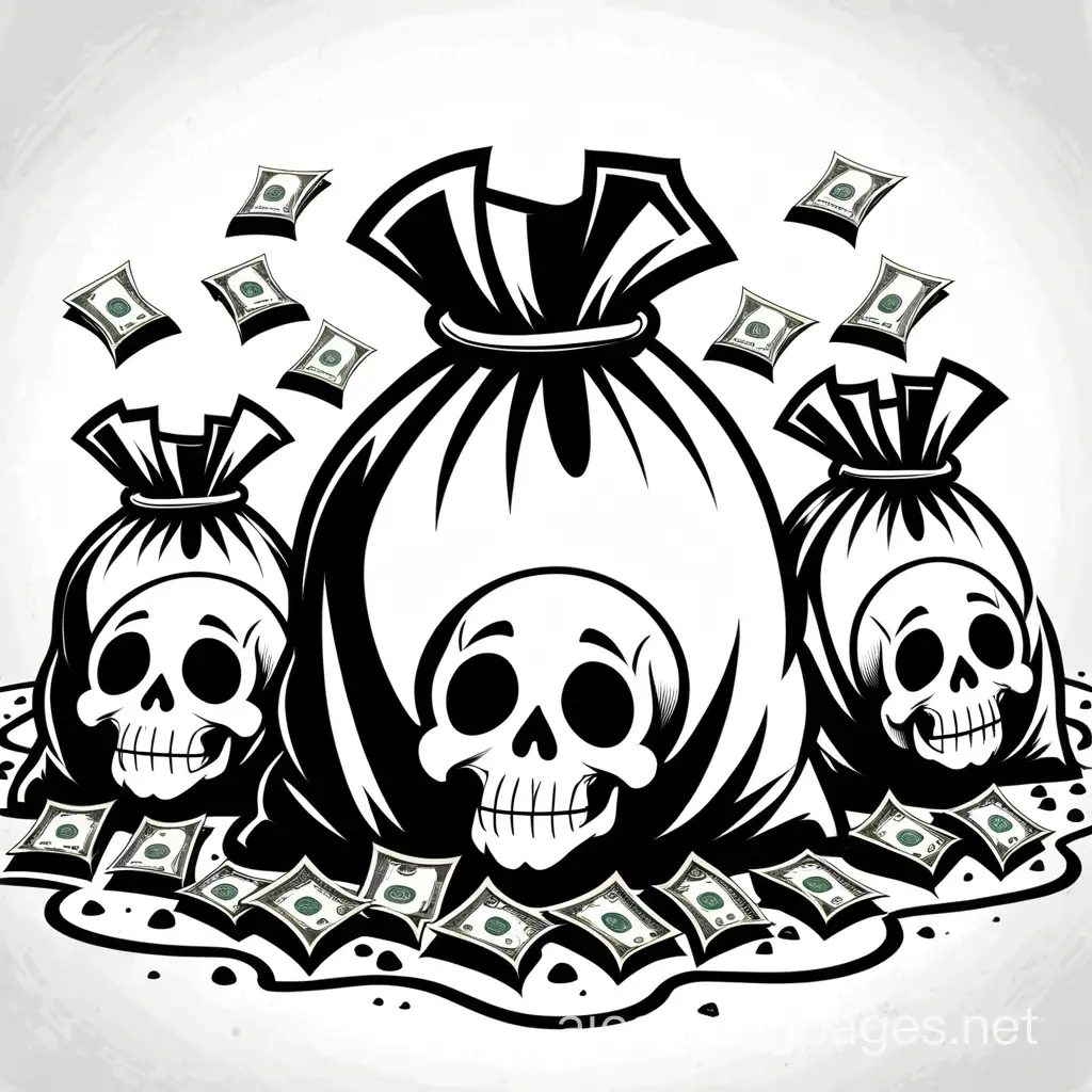 Money bags with souls coming out of them with skulls on the ground , Coloring Page, black and white, line art, white background, Simplicity, Ample White Space. The background of the coloring page is plain white to make it easy for young children to color within the lines. The outlines of all the subjects are easy to distinguish, making it simple for kids to color without too much difficulty