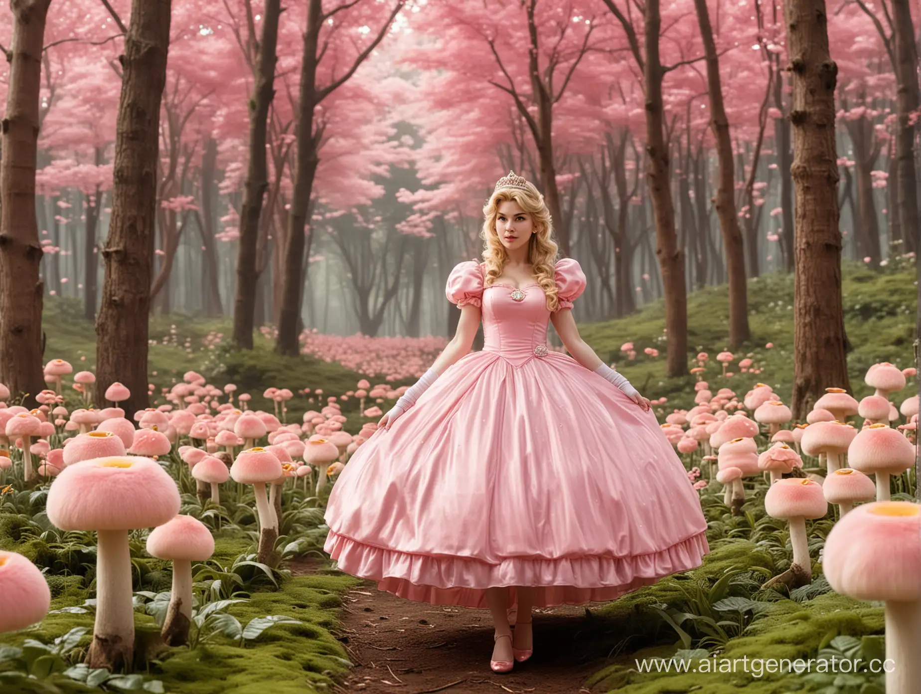 Princess Peach in a fluffy pink dress. art
standing in a mushroom forest