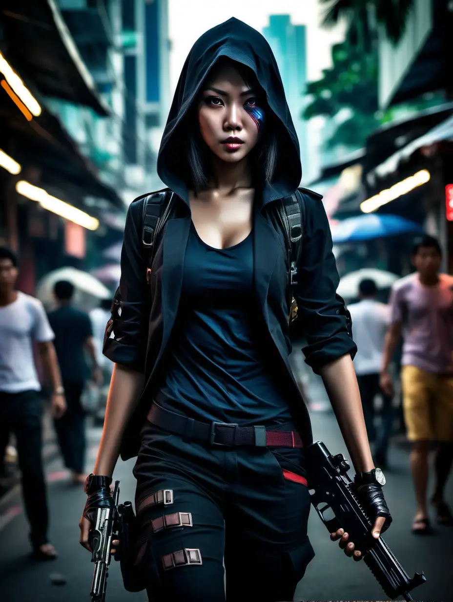 (cinematic lighting), a female assassin In the bustling streets of modern Bangkok, she is a paradox of youth and lethal expertise. With an air of quiet confidence, she navigates the vibrant cityscape with a mix of inconspicuous elegance and razor-sharp focus. Cloaked in urban chic attire that conceals the arsenal beneath, her eyes reveal a wisdom beyond her years. Her movements are a seamless blend of calculated precision and the spontaneity of the metropolis. In the chaos of Bangkok's nightlife, she is both a chameleon and a predator, embodying the juxtaposition of youthfulness and the shadows of a covert profession. Intricate details, detailed face, detailed eyes, hyper realistic photography,