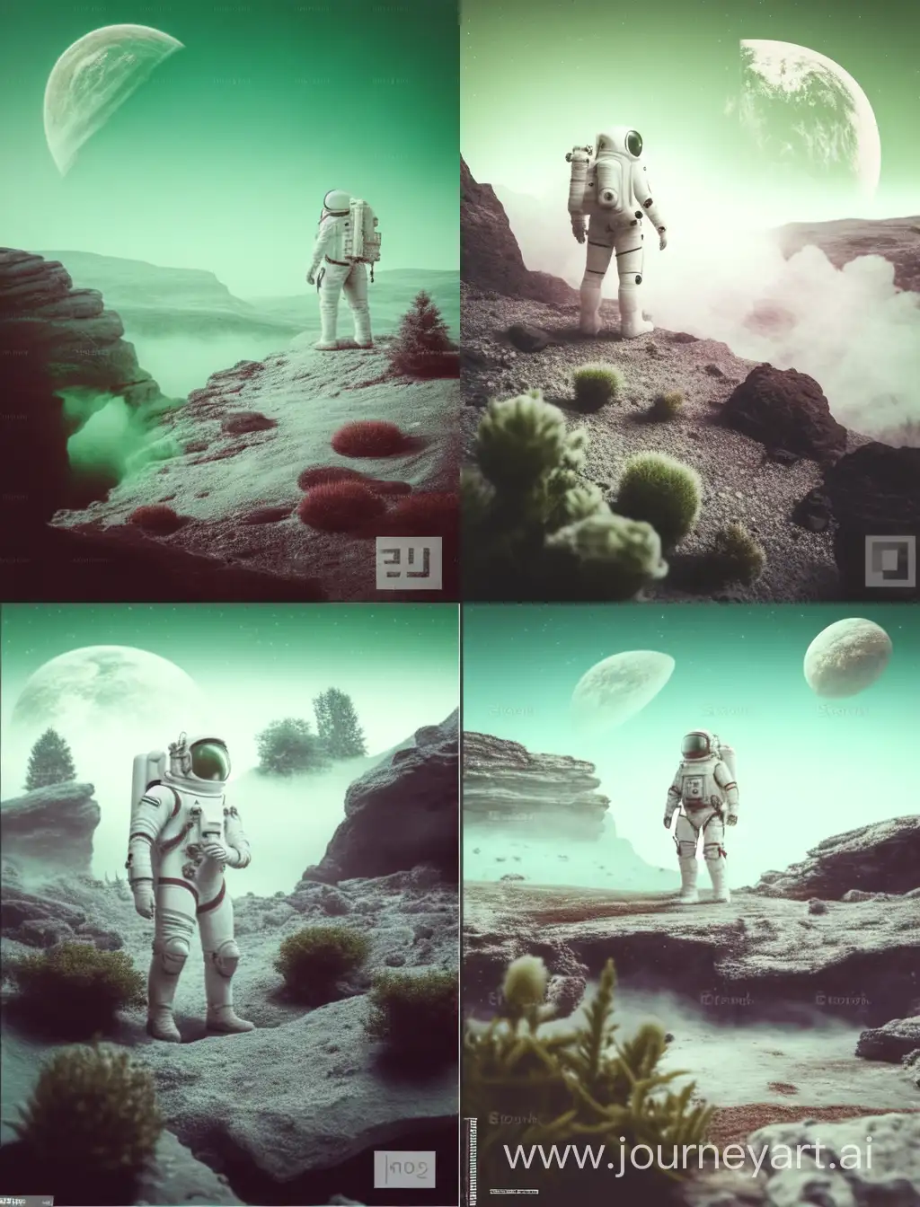 an astronaut in a rocky landscape looking away at other plants in the near distance. the image with green tint and fog. this imagine represent a future scene. there are planets in the distance and the astronaut is standing far away from the camera. generate it in 4k this is for a printed poster. add green tinted fog and a bit of normal white fog.
