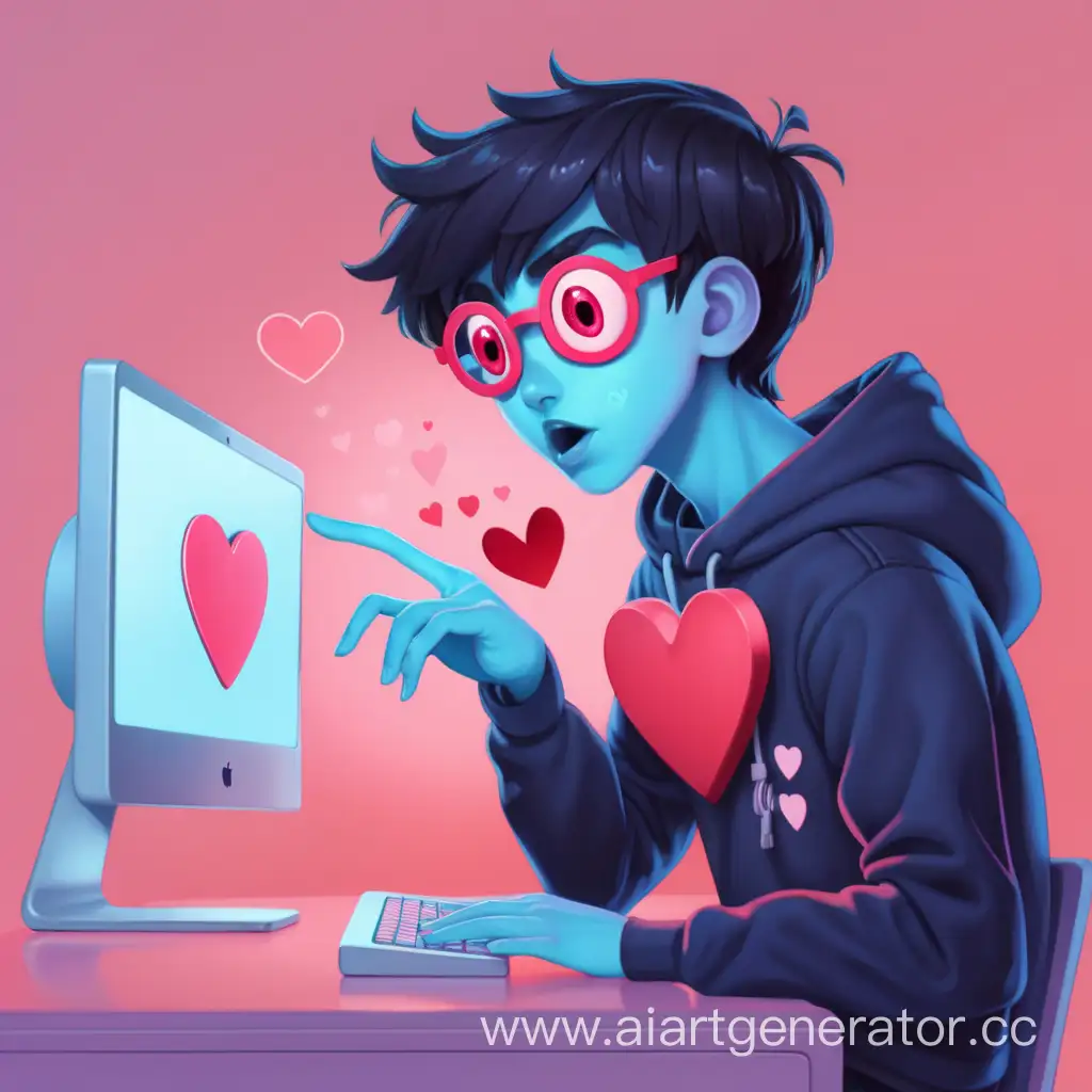 A person with heart-shaped eyes sits at the computer and orders online