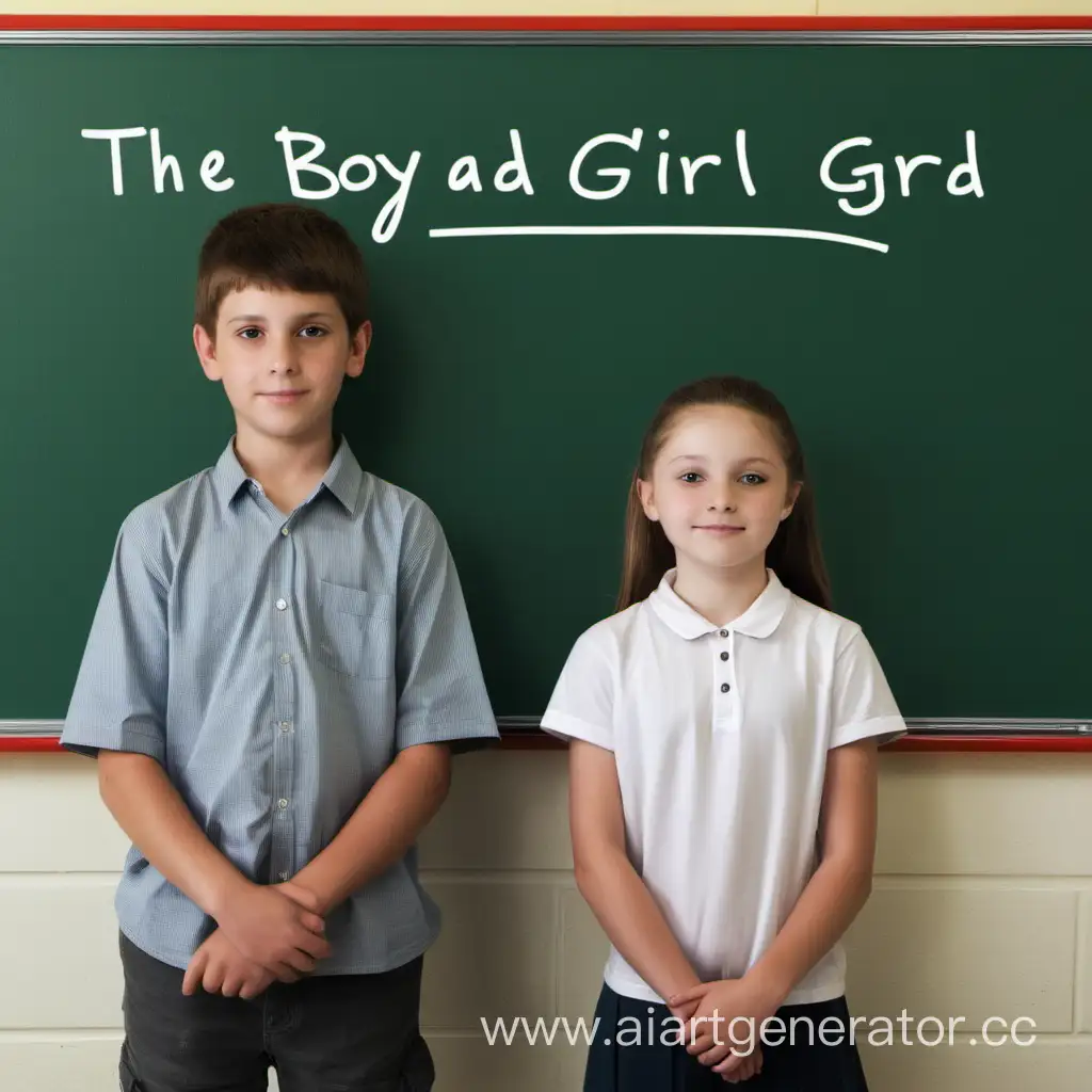 мальчик и девочка довольные 6 класса стоят у доски , на доске ни чего не написано