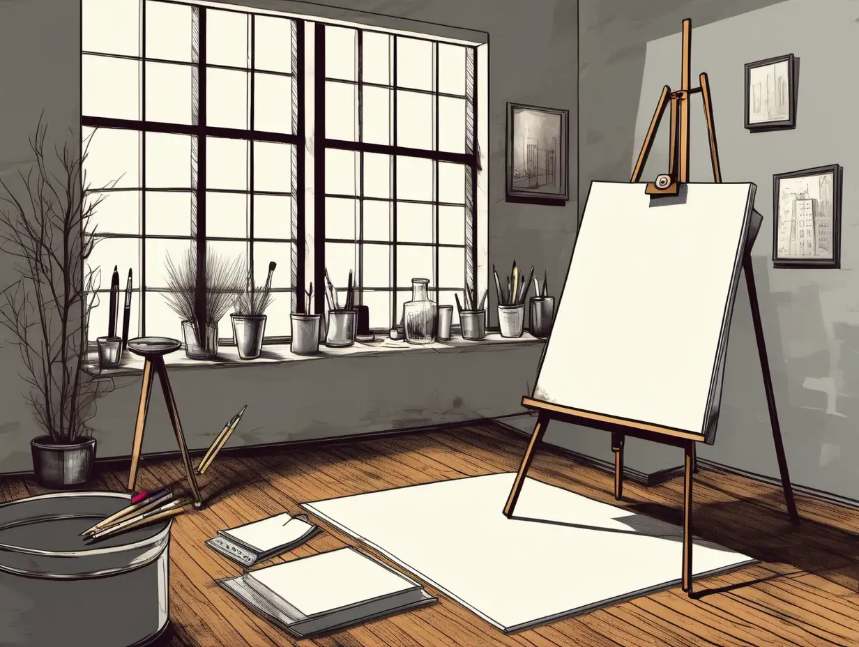 illustration of loft apartment interior; blank canvas on easel, art supplies, table with ashtray