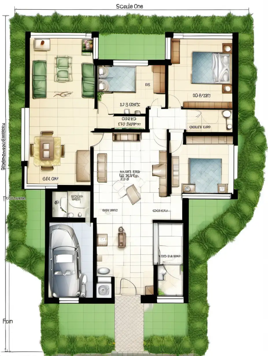 floor plan with scale  one story house 4 bed room (20 square meters ) 5 bath room (7 square meters) one kitchen one quest room (40 square meters)