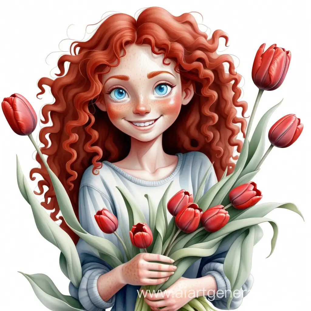 Cheerful-RedHaired-Girl-with-Blue-Eyes-and-Freckles-Holding-Vibrant-Red-Tulips