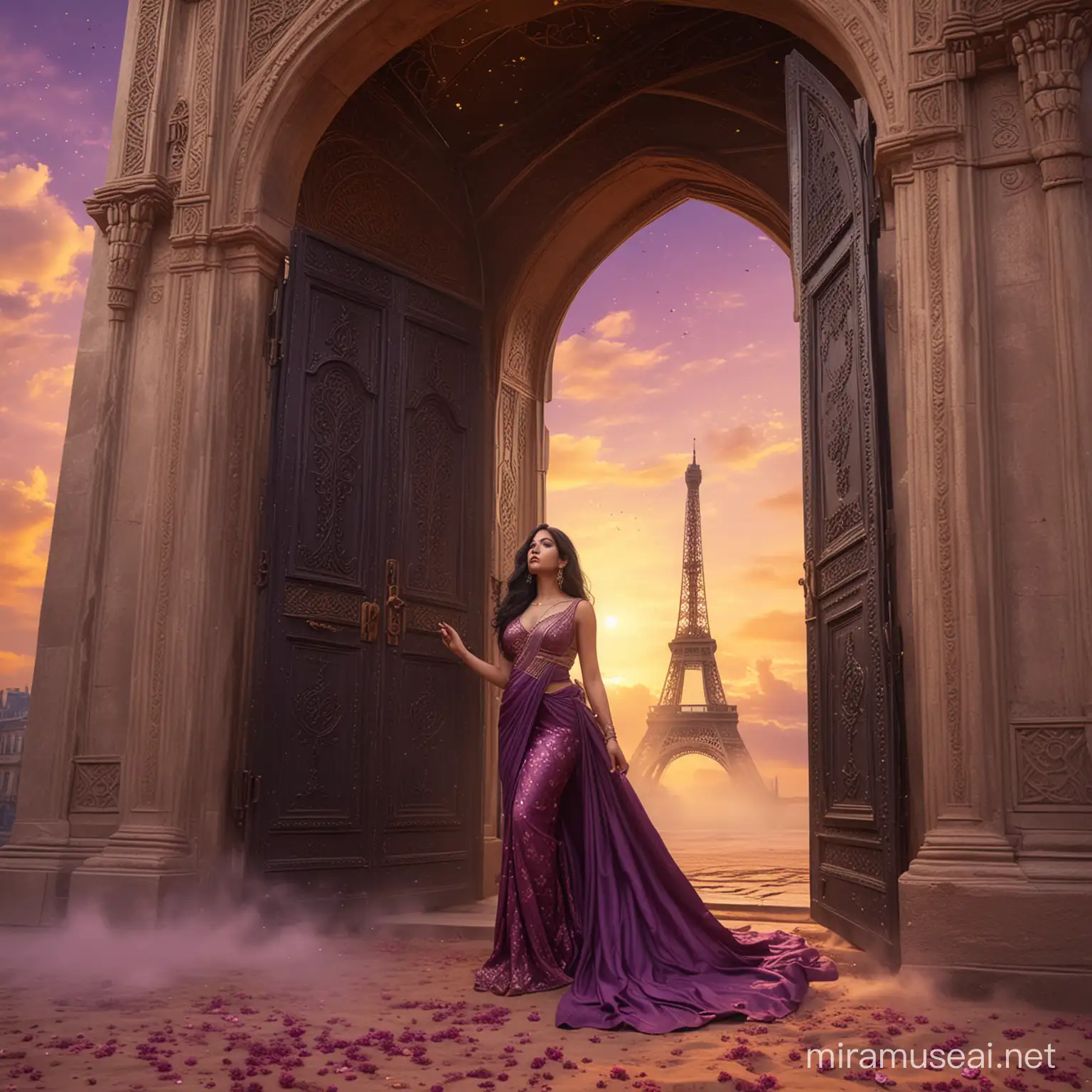 A beautiful woman, surrounded by dark yellow dust, listening to the fairy whisper, under a huge opened arabian door. Long wavy black hair. Elegant long dark purple sari dress, haute couture. Background dark pink sky and clouds. Background floral tower effel. 8k, fantasy, illustration, digital art, illustration art, fantasy art, fantasy style