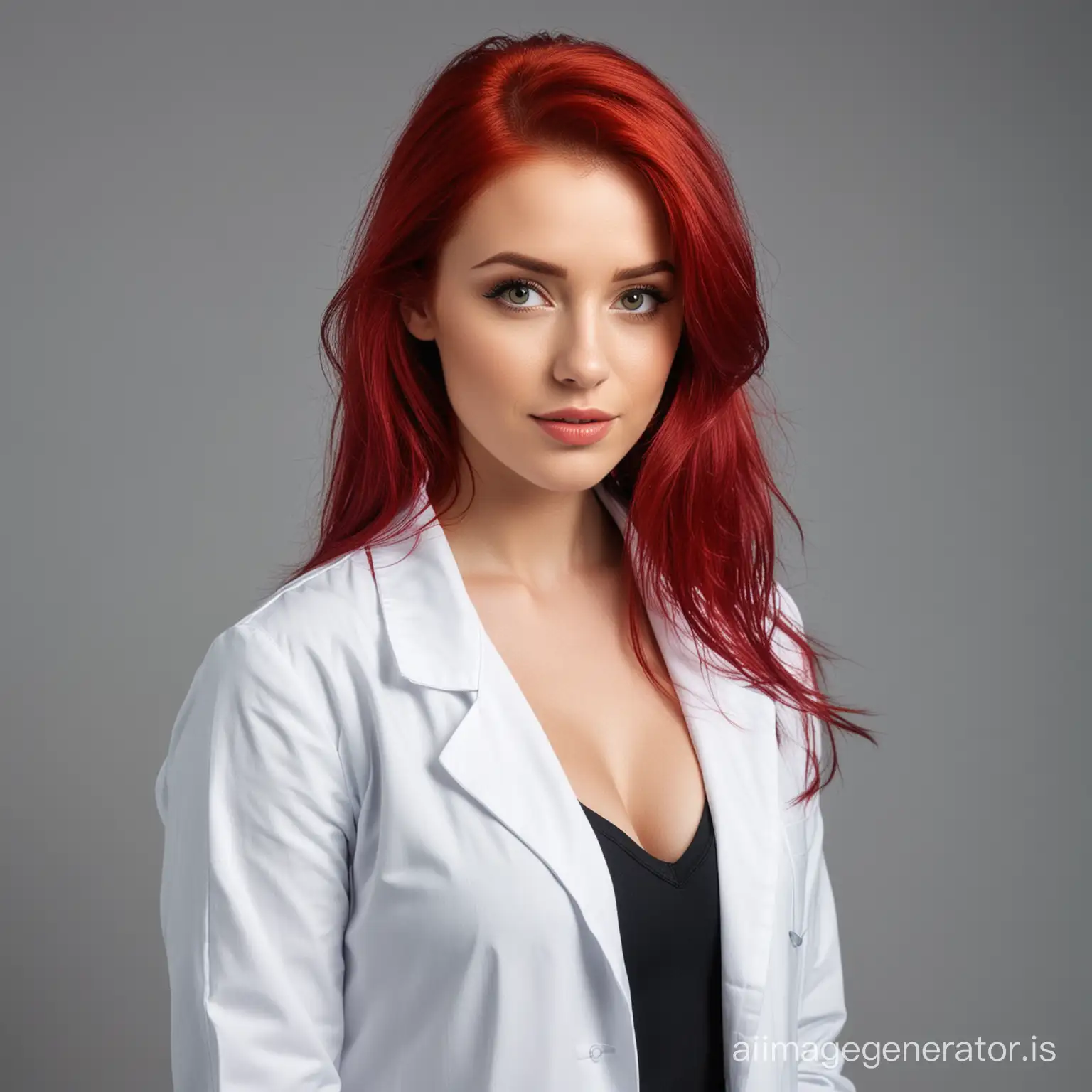 blood red hair.  young fit and busty female wearing lab coat