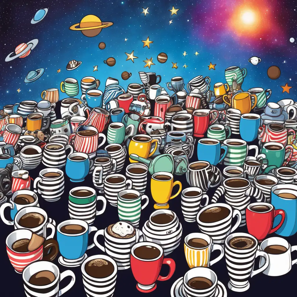 Colorful Coffee Mug Scavenger Hunt in Galactic Space