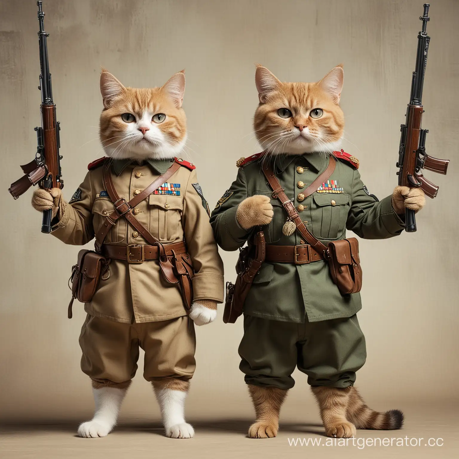 два кота в военной форме с автоматом в руках стоят спой друг к другу