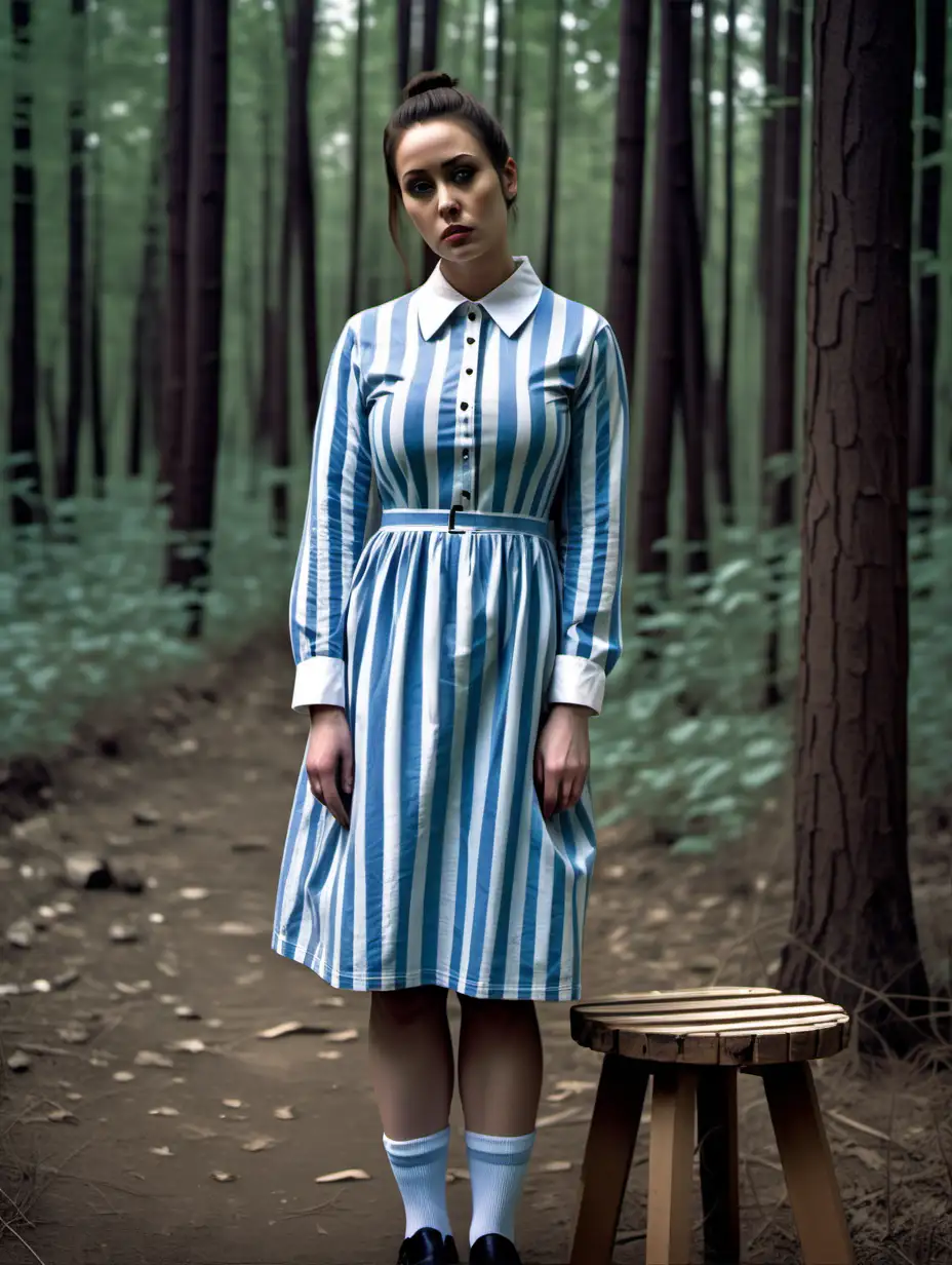 A busty prisoner woman (30 years old, same dress) stands beside a wooden stool in a forrest in worn dirty blue-white vertical wide-striped longsleeve midi-length buttoned sackdress (white club collar, short low pony hair, sad and ashamed