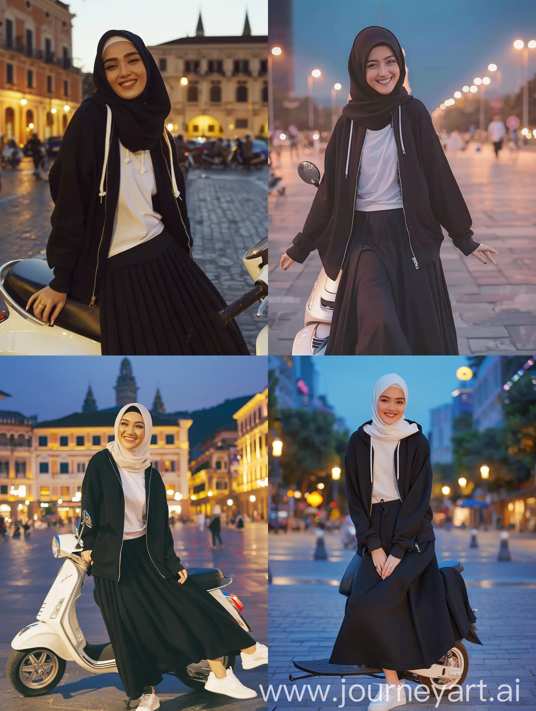 a 25-year-old Indonesian woman, wearing a hijab, a black hoodie with a zipper, wearing a white t-shirt, black long skirt, white shoes, smiling and posing sweetly facing the camera,the background  is middle of the city square, evening atmosphere, sitting on top a scooter.