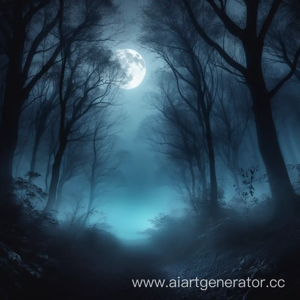 Create an image for the cover of a playlist in the Dark Electronic genre. Imagine a dark forest shrouded in a bluish fog, with the rays of the moon penetrating through the dense foliage. The image should inspire mysticism and mystery, matching the atmosphere of the music.