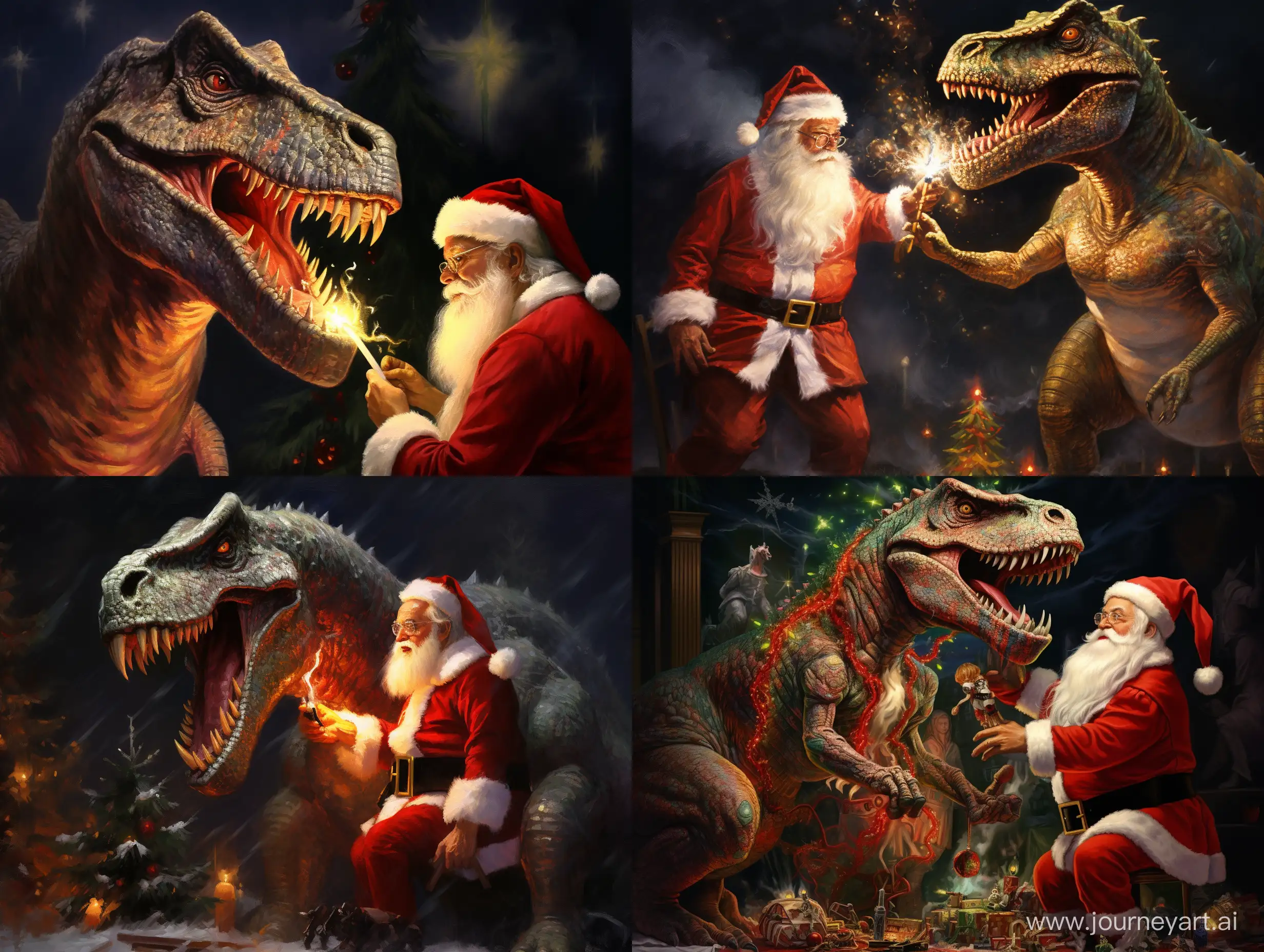 Robot-Tyrannosaurus, climbs Santa Claus in the fire for a Christmas tree, painted