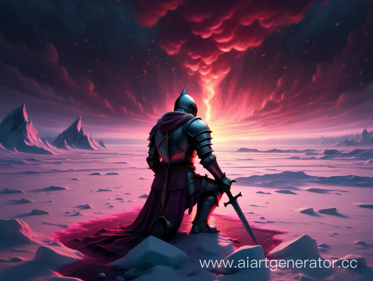 knight standing on his knees desperately staring into the arctic burning pink sunset while its snowing