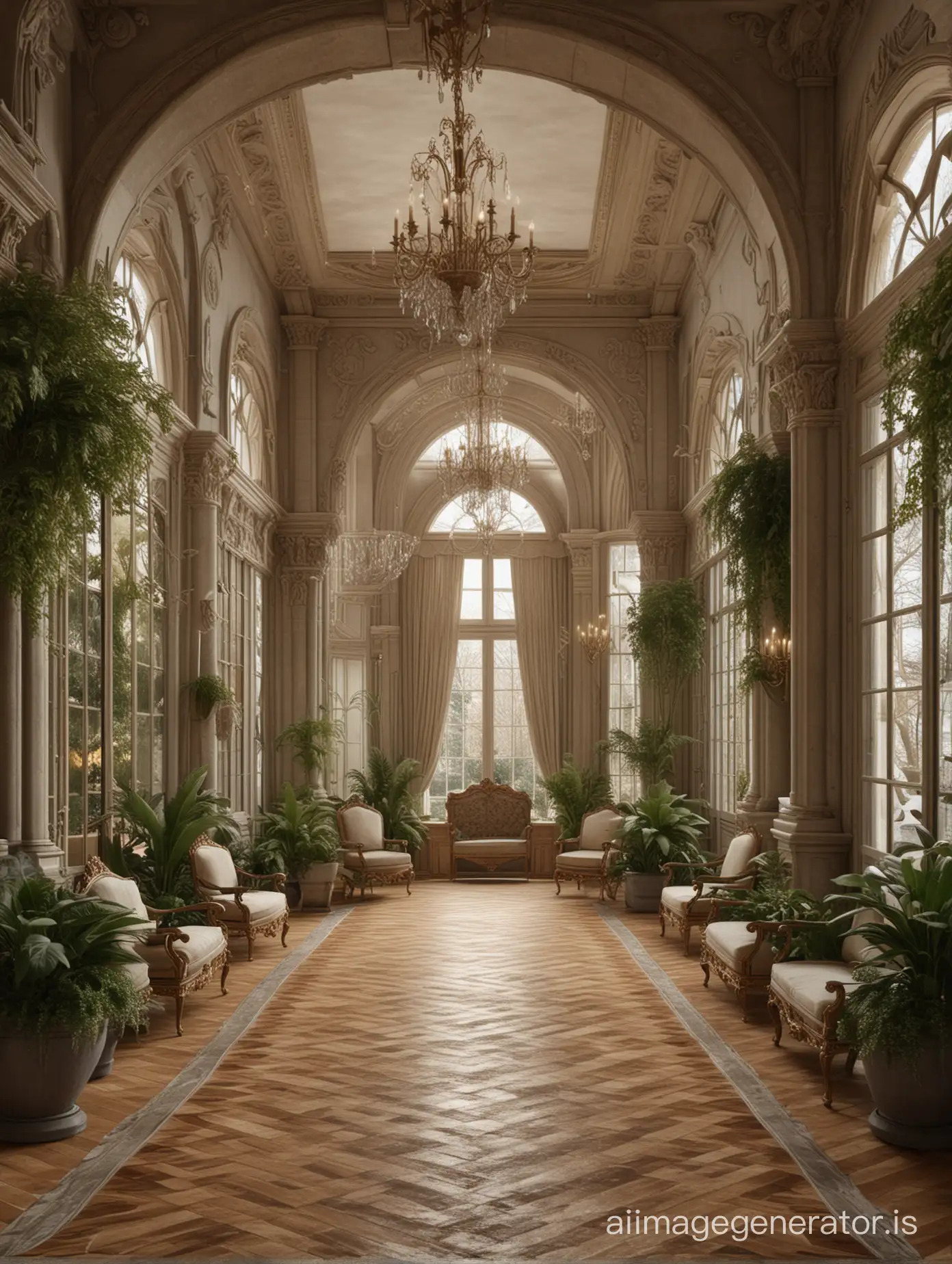Luxuriant winter garden in a French Empire-style furnished castle, with dimmed light and a photorealistic image.