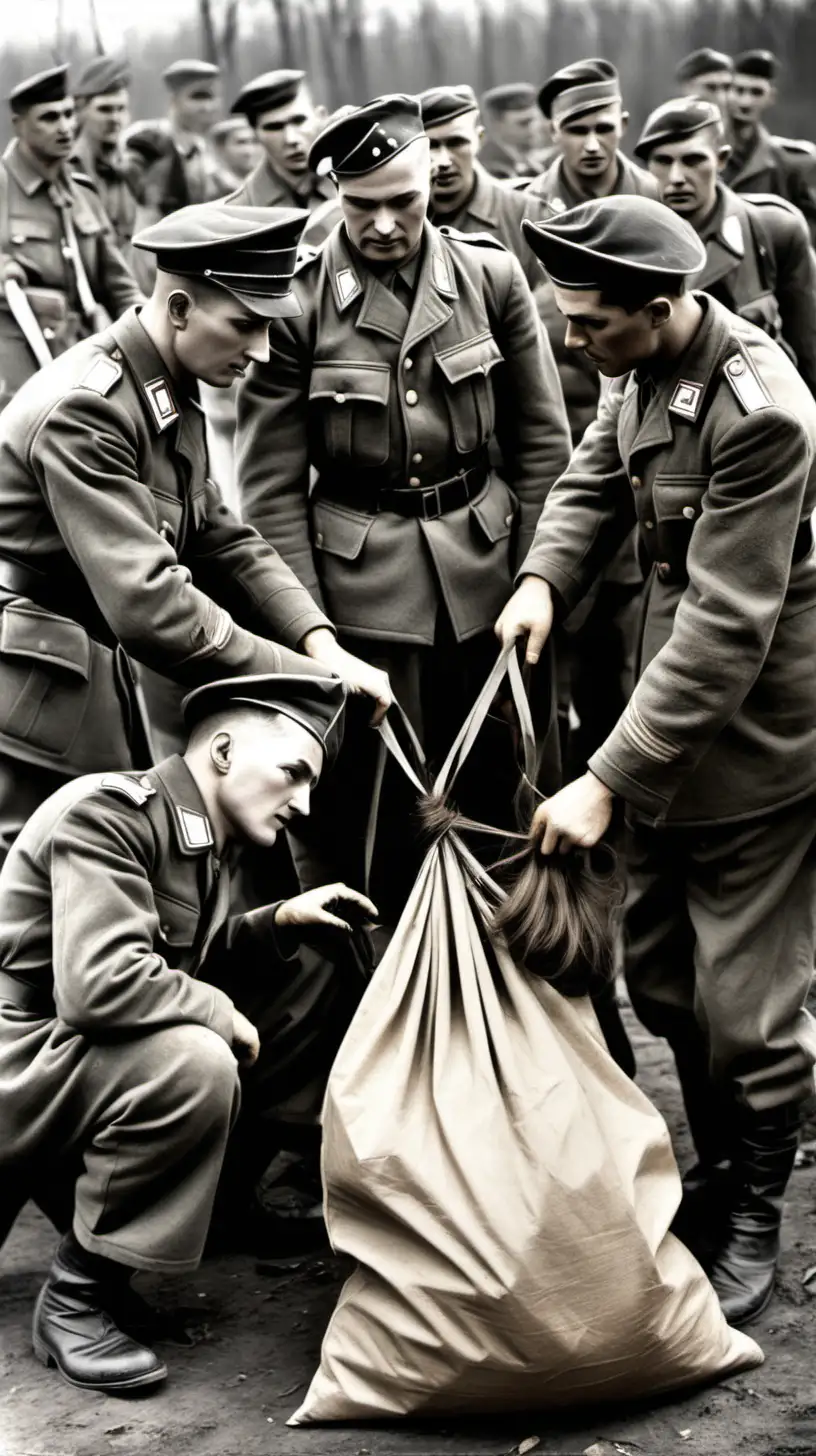 The soldiers of the Second World War fascist army put human hair in a bag. let there be many soldiers in the picture
