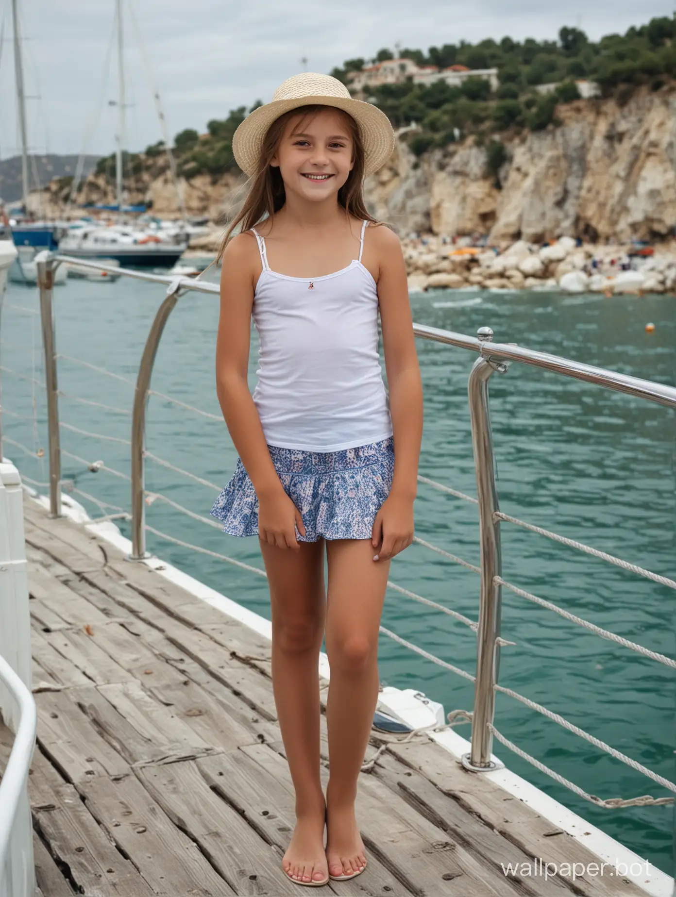 beautiful girl 11 years old, sea, Crimea, short skirt, hat, full height, smile, posing, yacht, people, topless