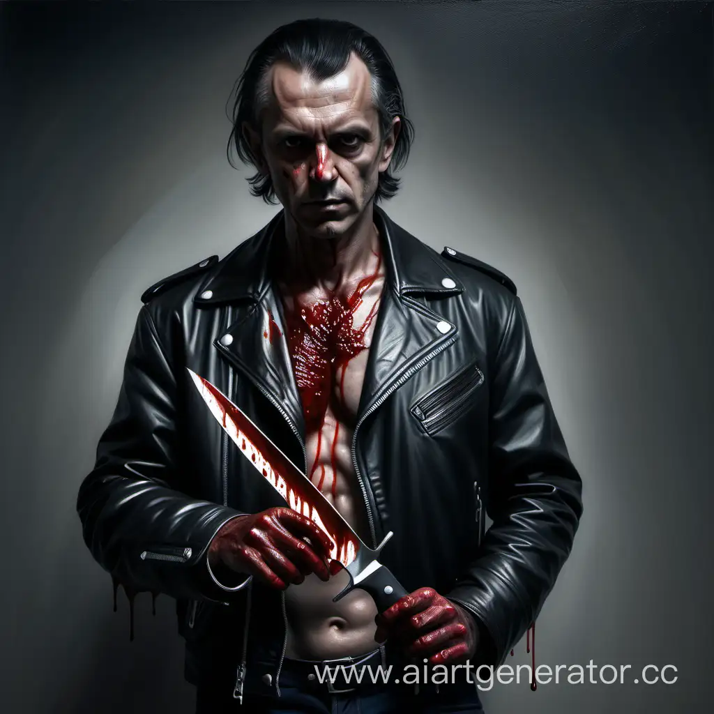 Папич в кожаной куртке с кровавым ножом в руке темно гиперреализм