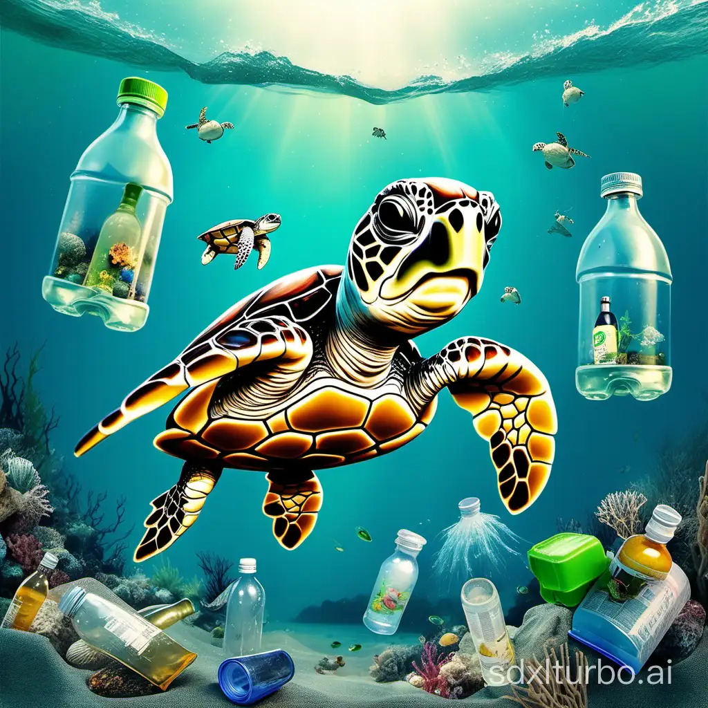 cute baby sea turtle in the ocean with bottles and trash
