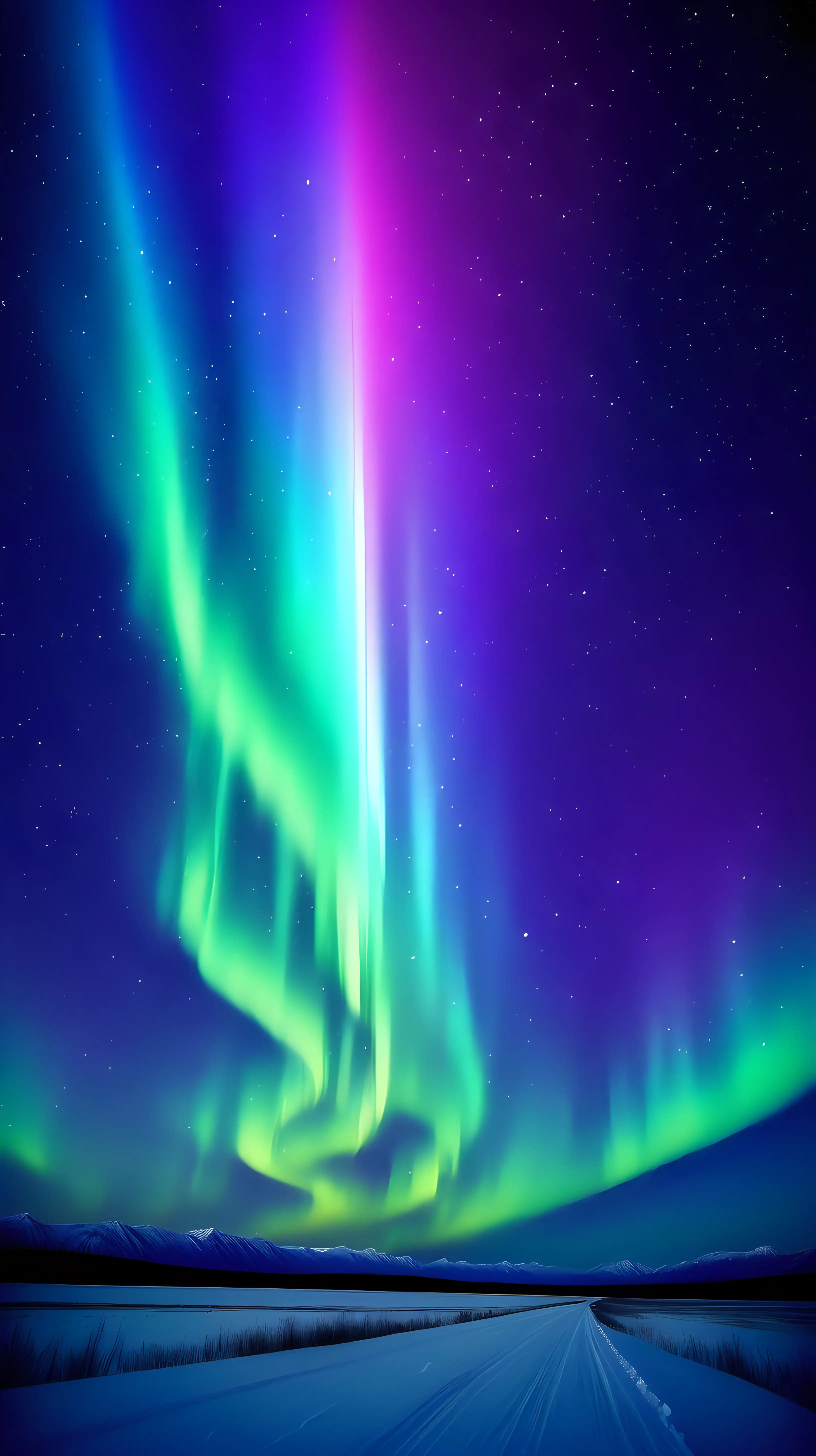 aurora skies, with stars in the sky, colorful blues, purples, greens, yellows with a flat horizon, no ground, no mountains, no snow, no trees, no trees, no mountains, no earth, only sky









