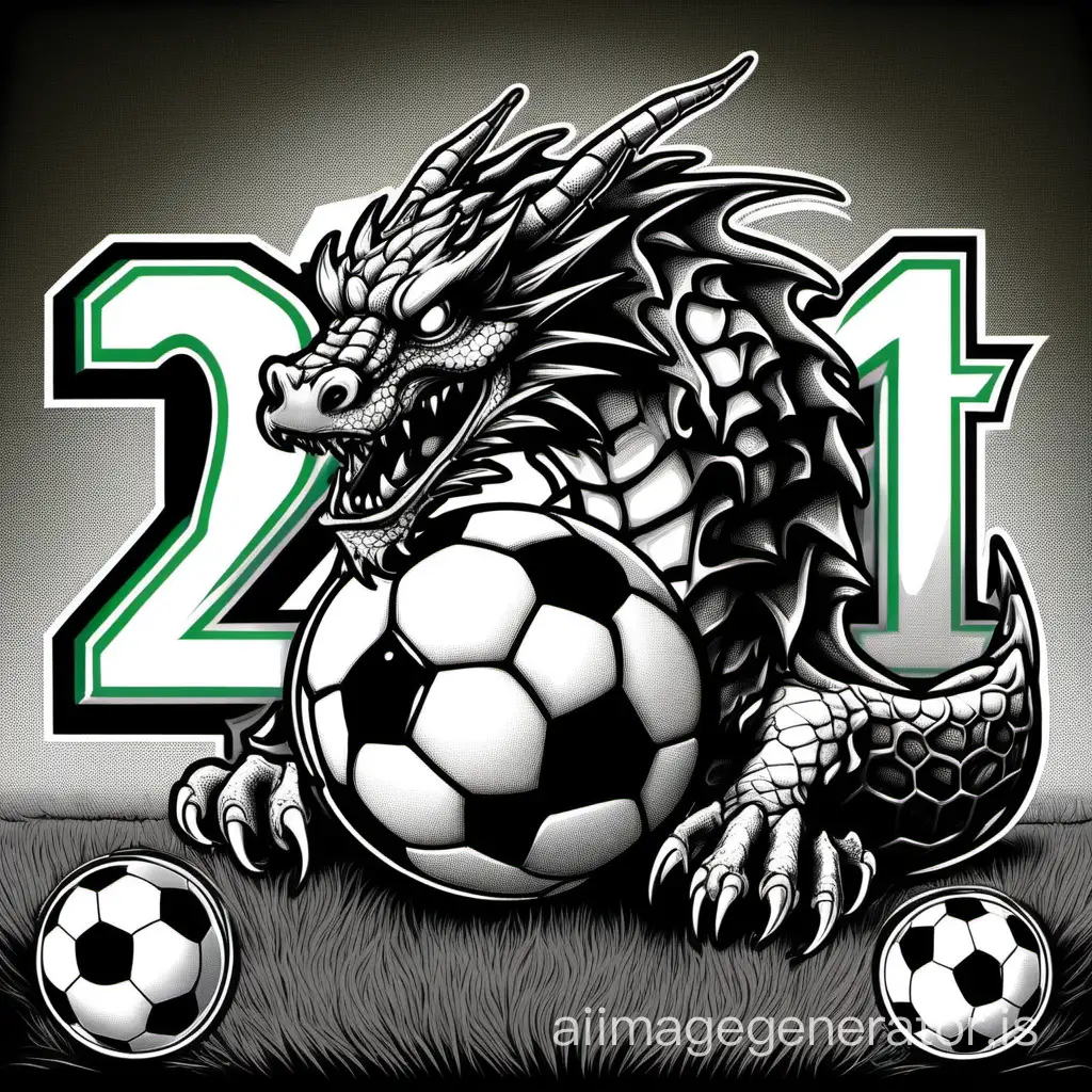Please create an image of a dragon that looks alive, with a soccer ball featuring the number 21, held by all four paws. The background should be black, and beneath the dragon - a soccer field.