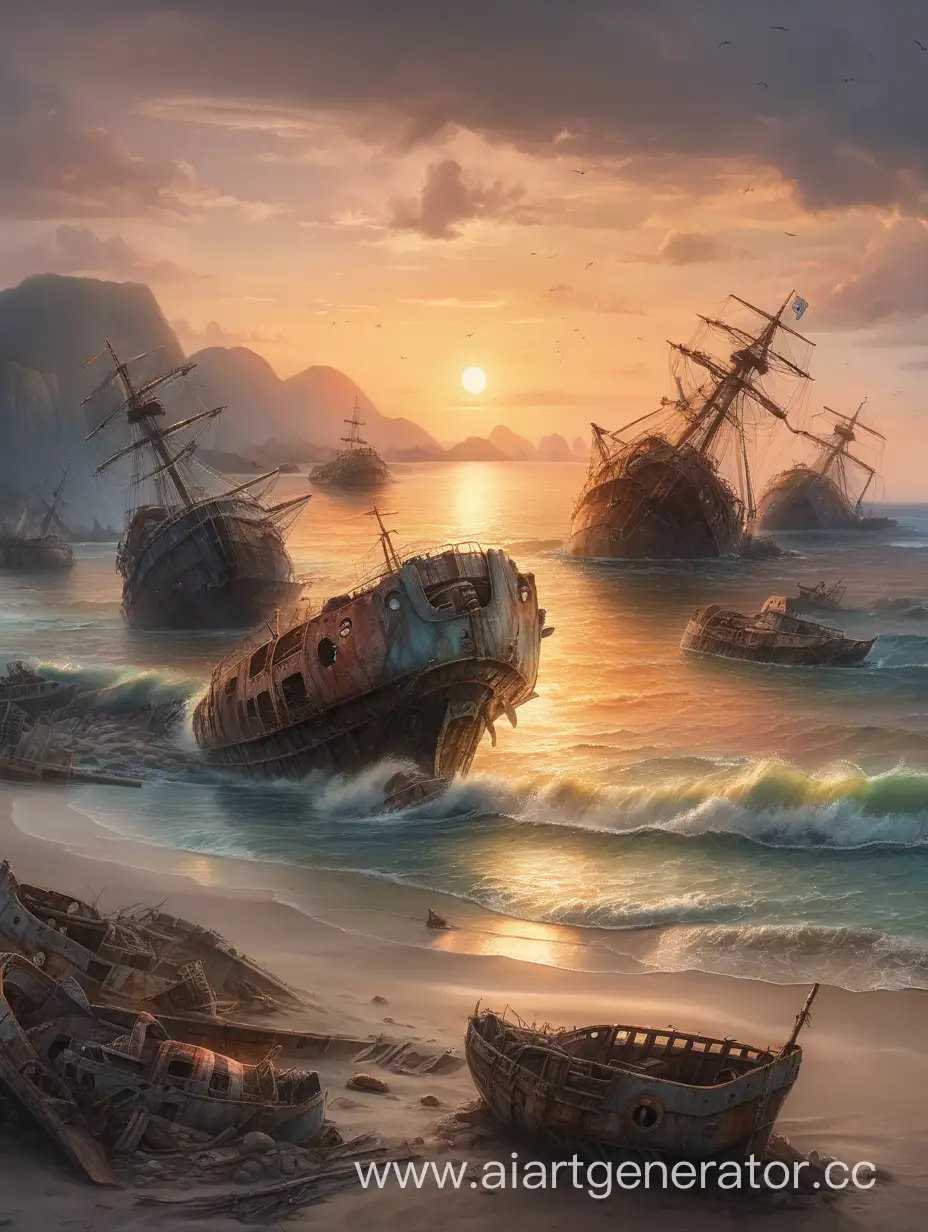 Sunset-Shore-with-Wrecked-Ships-Eerie-Island-Scene
