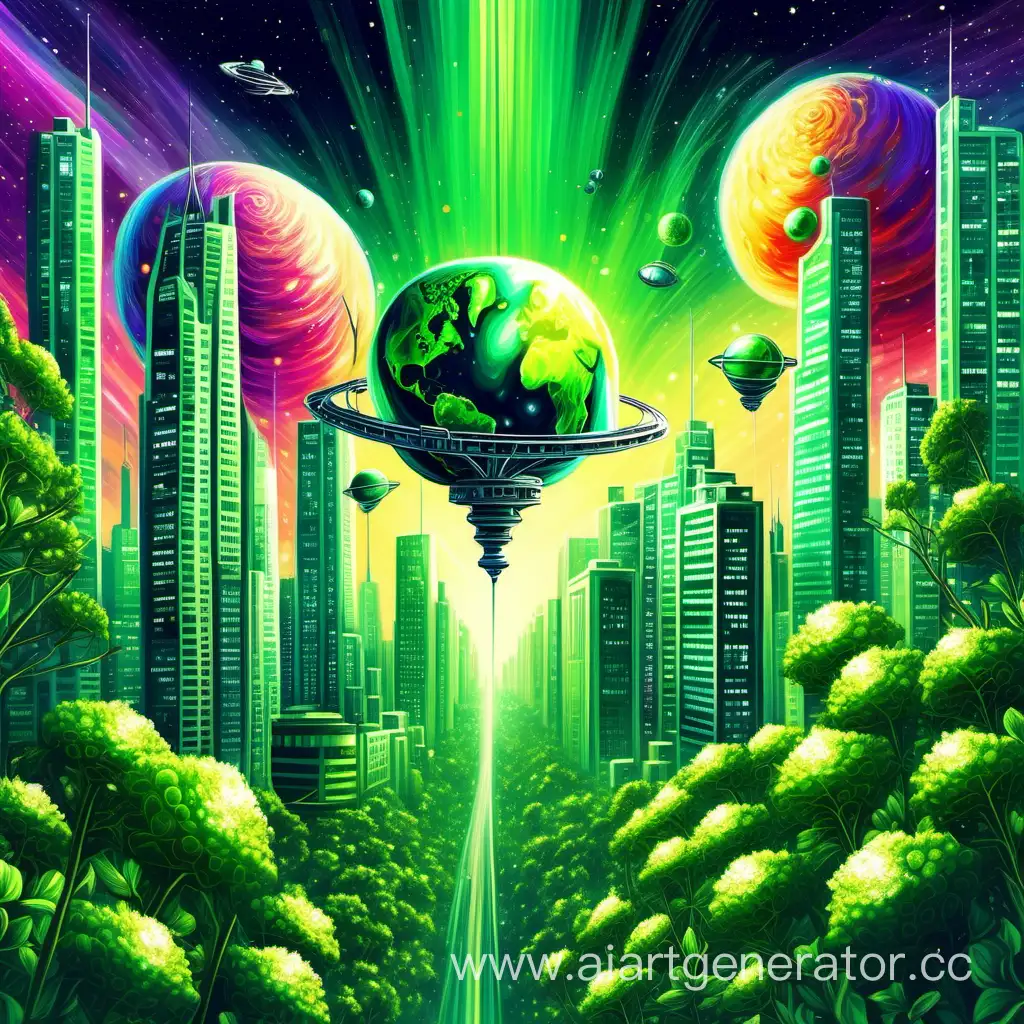 цветущий зеленый земной шар, над землей летают космические зонды, на земле строятся высотные здания, в стиле цифровой живописи, яркие радостные тона