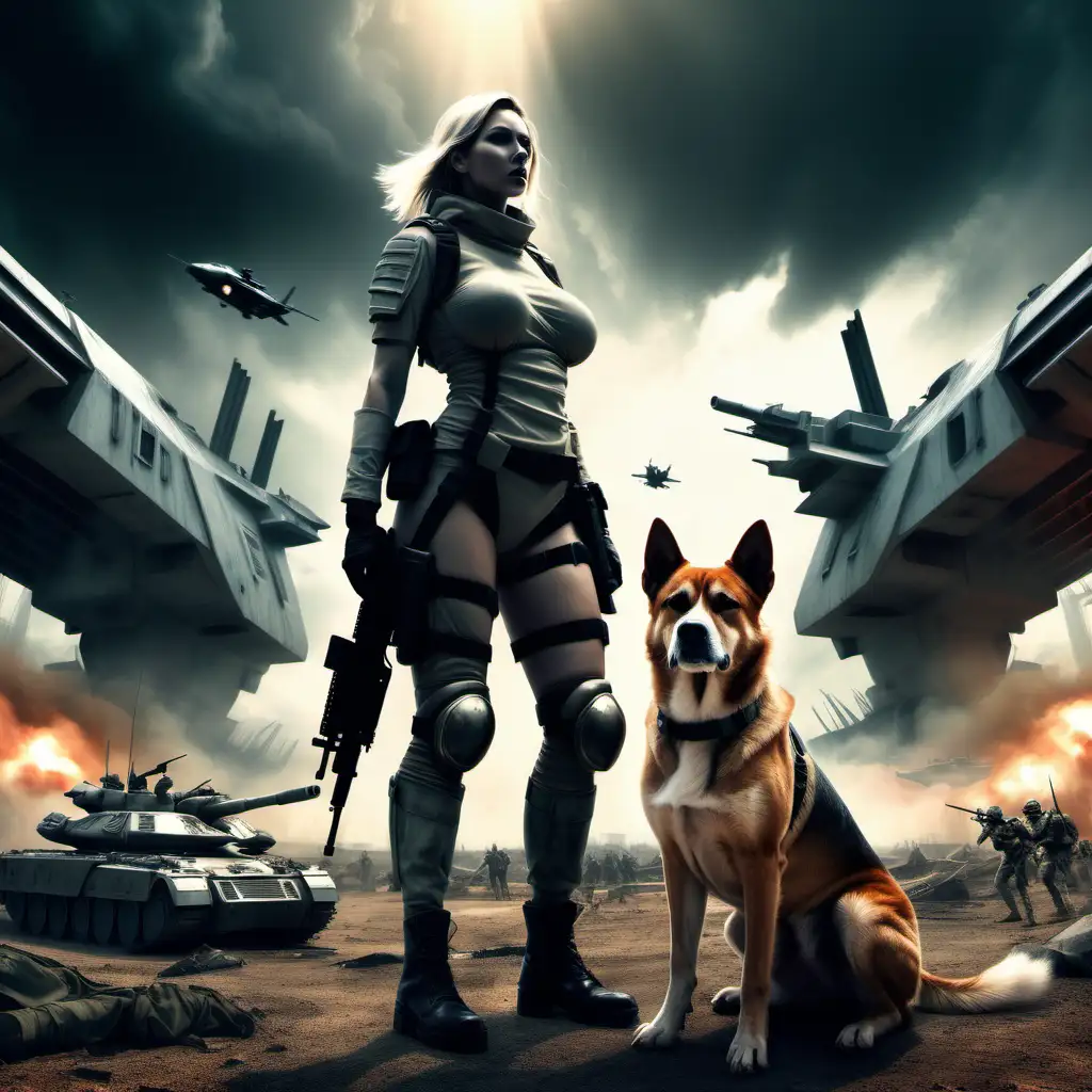 Loyal Dog and Brave Woman Soldier on Futuristic Battlefield