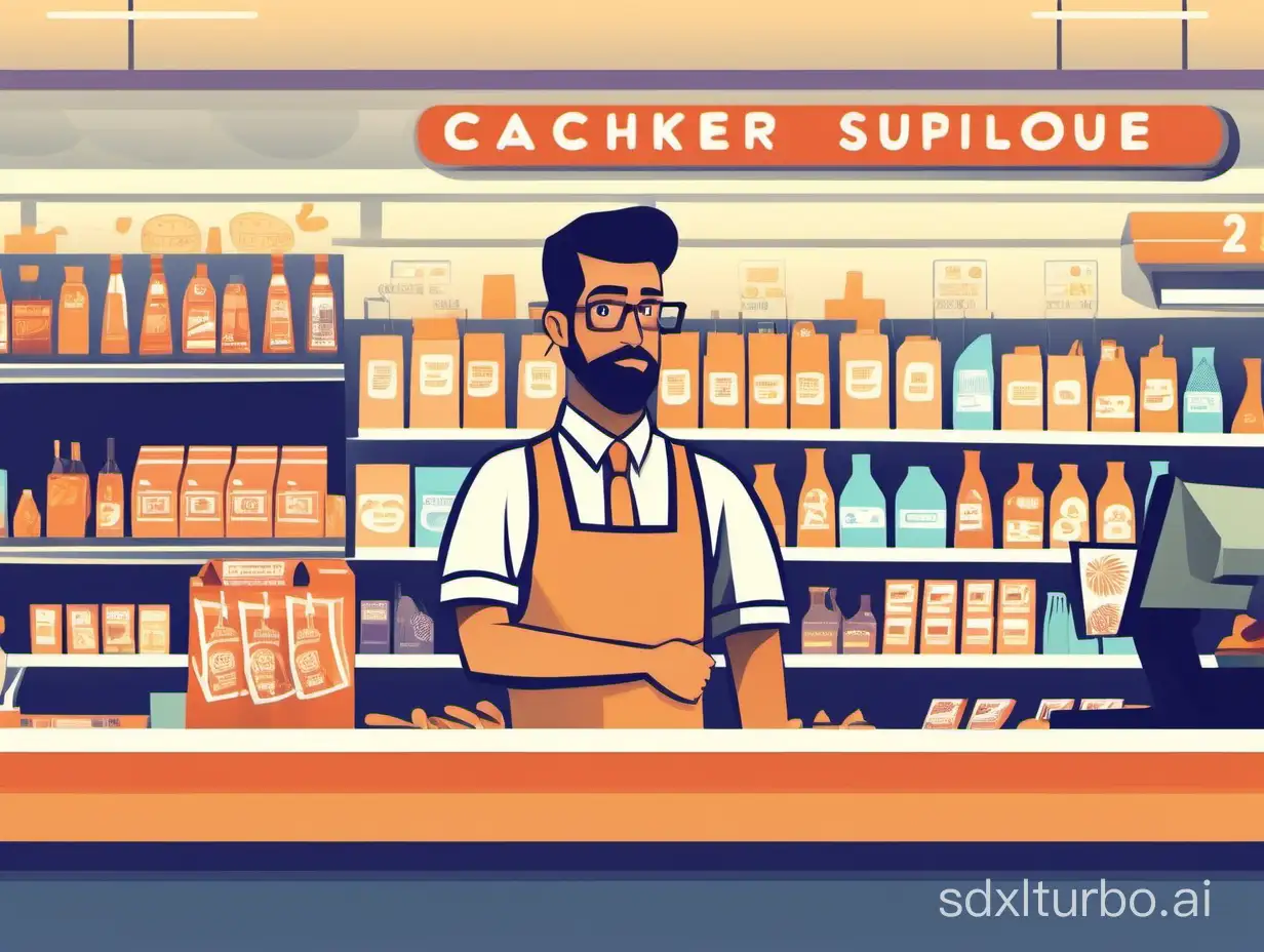 stylized cashier behind the counter in the supermarket