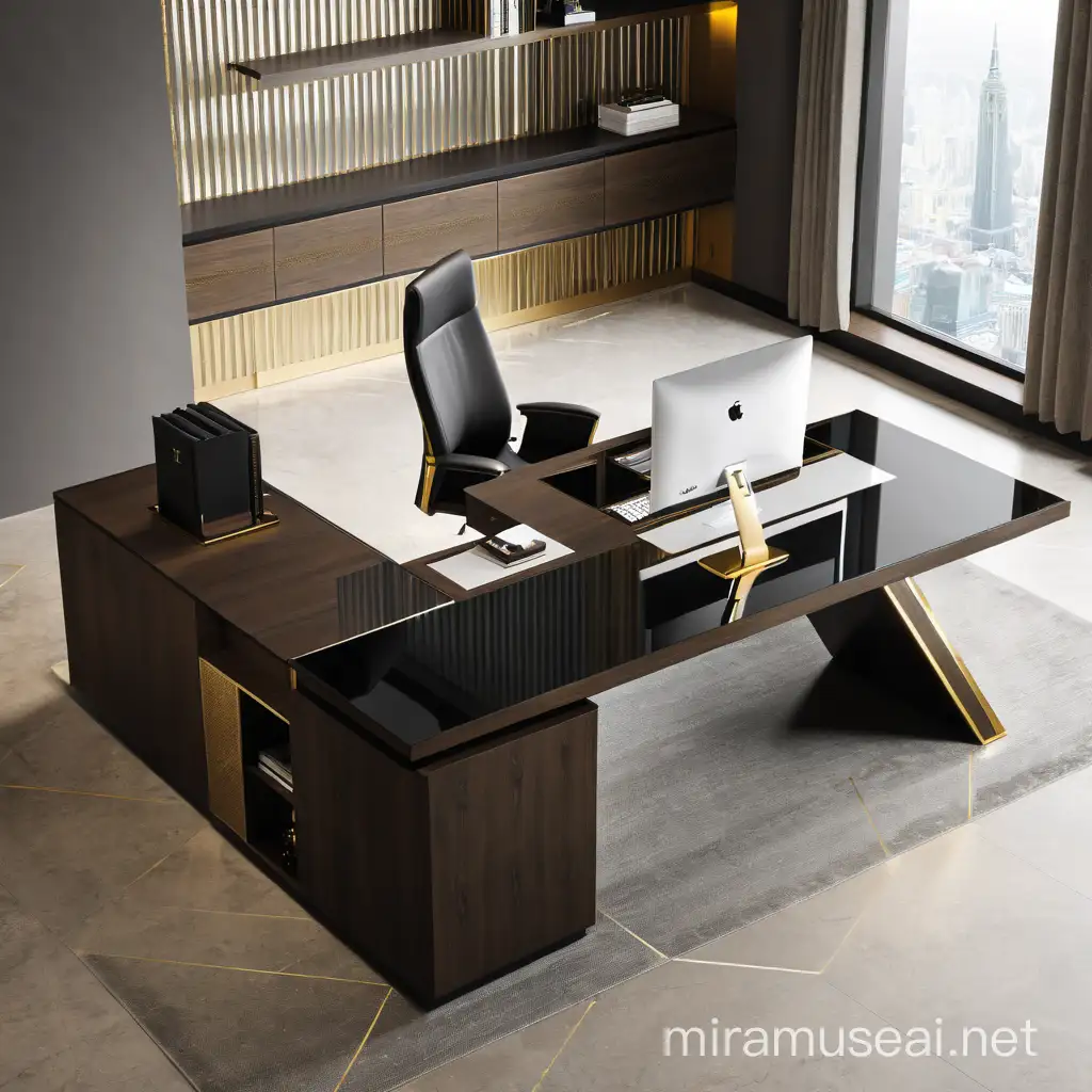 Design a two level L-shaped executive desk using the image as a guide, in a dark oak finish mirrored edge and gold inlays