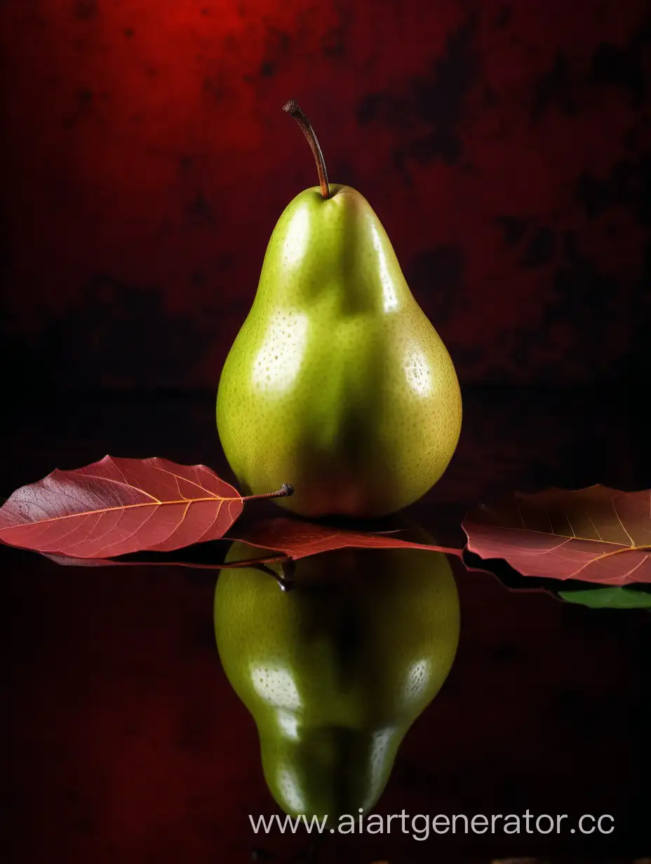 Asian-Fresh-Green-Pear-with-Leaves-on-Dark-Red-Rust-Background
