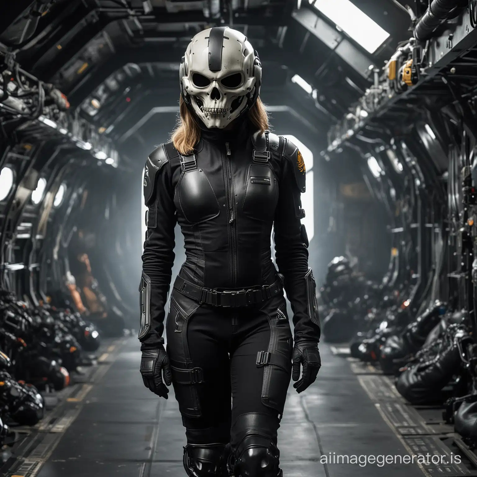 woman, Black tight flight suit open, skull helmet, dark colours, bounty hunter, tactical gear, spacecraft in background