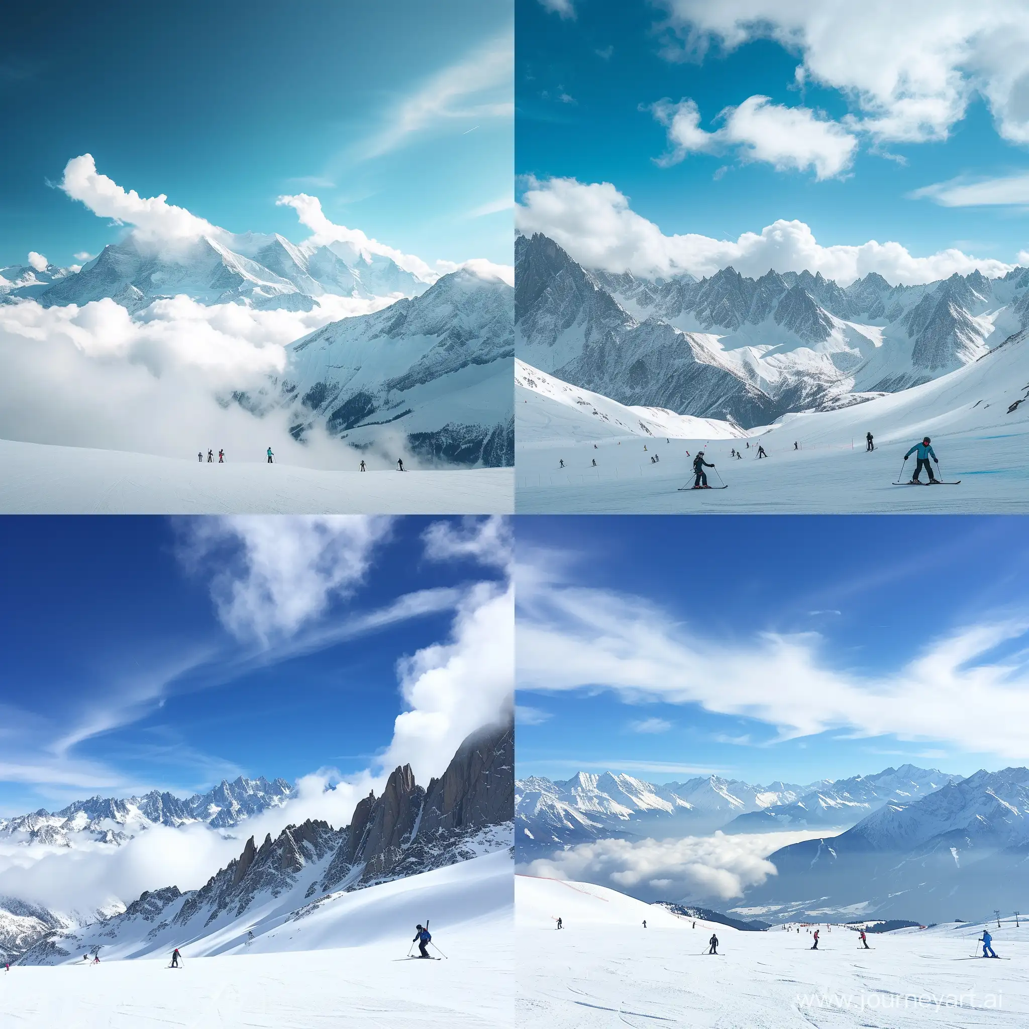 高山，蓝天，白云，滑雪人