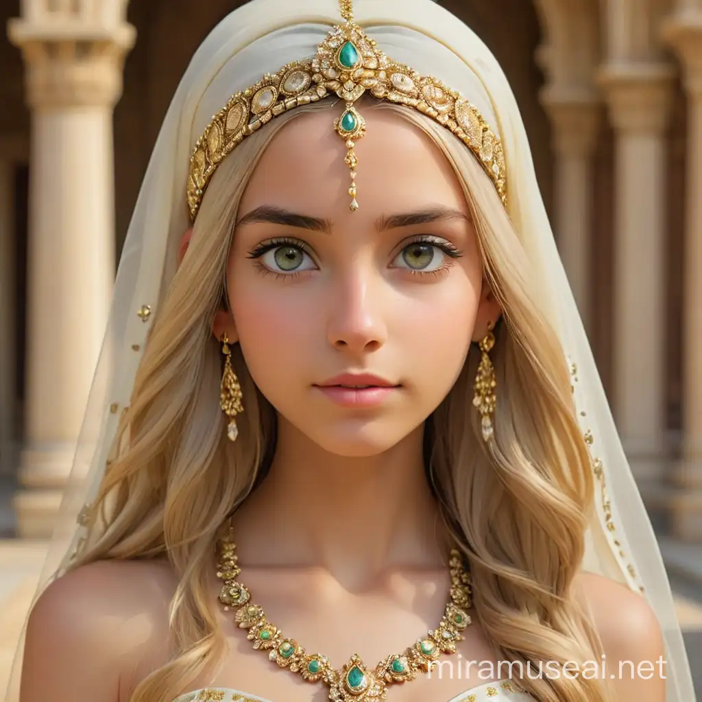 half body photo of a beautiful 16 year old British  woman with a detailed face, relaxed gaze, long straight hair with gold hair ornaments white skinned in a strapless cream sleeveless Indian style wedding dress with a transparent cloth covering her head and gold jewelry looking at the camera with a beautiful palace in the background.