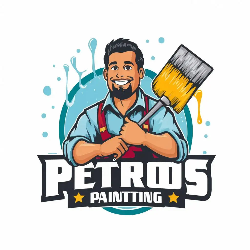logo, Cartoon profile shot of a Hispanic middle-aged man holding a paintbrush and smiling, with the text "Petros painting", typography, be used in Construction industry