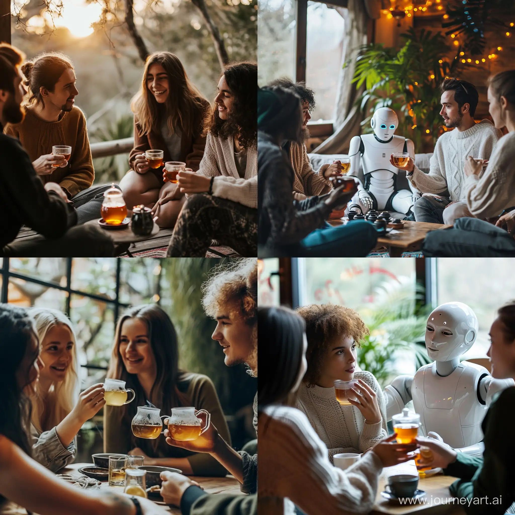 Group of friends drinking tea talking about the relationship between AI and spirituality