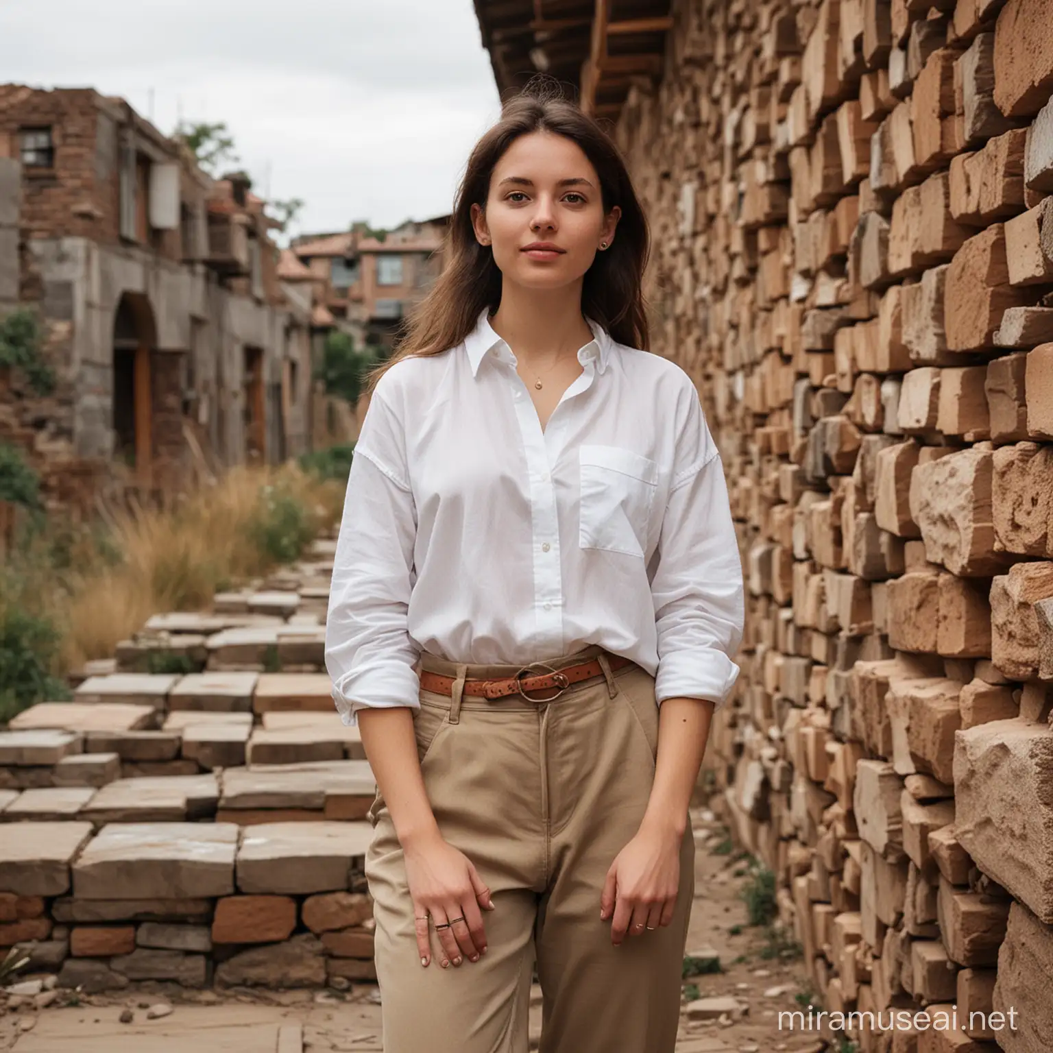 Genera a una mujer de 23 años que es arquitecta, es una persona moderna con vestimenta moderna y lleva accesorios modernos que reflejen su amor hacia el arte y la estética, esta interesada en el diseño, la fotografía y la tecnología aplicada en la arquitectura, también esta interesada en actividades fisicas como el senderismo o yoga. Los temas de conversacion con ella son la arquitectura y diseño, especificamente temas medioambientales y sostenibiloidad en la arquitectura, sus experiencias de viajes y culturas extranjeras, le podria preguntar cuales han sido sus sus proyectos mas desafiantes e interesantes. 