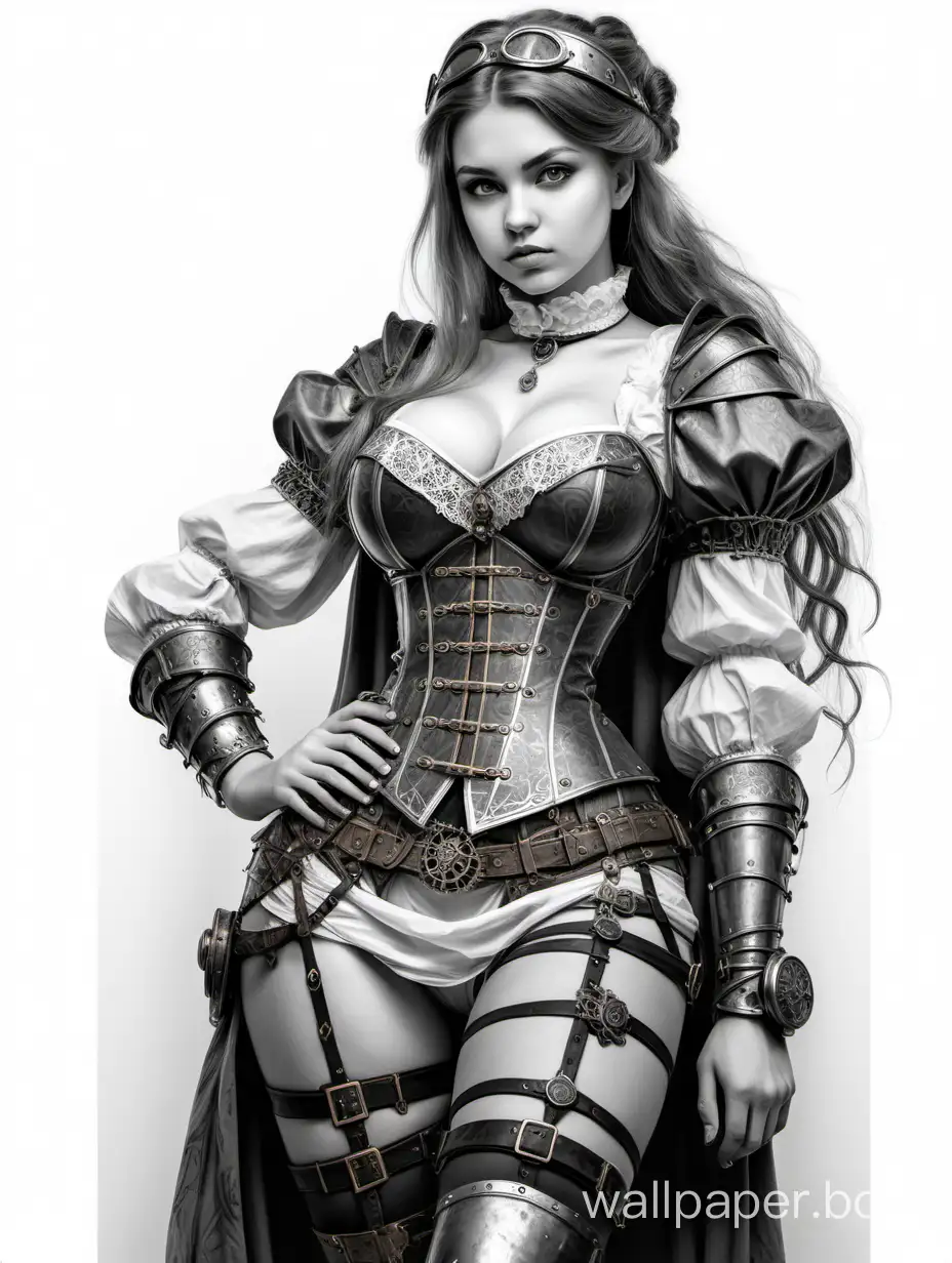 Mihalina Olshanskaya, Medieval young girl with a huge bust warrior princess 20 years old full height strong, D&D character, stockings with garters, black and white sketch, high detail, white background, photo in 3/4 growth, steampunk style