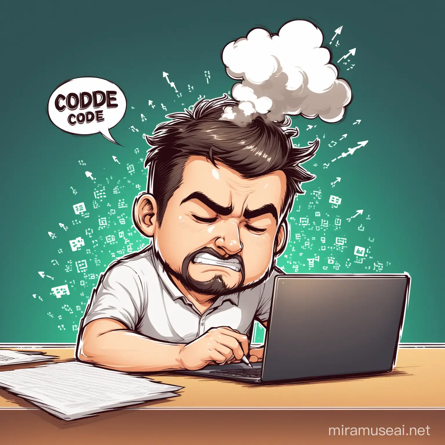 DEVELOPER WRITING CODE, STEAM GOING OUT FROM HIS HEAD, BUSY WORKING WITH LAPTOP,
 CARICATURE, FUNNY
